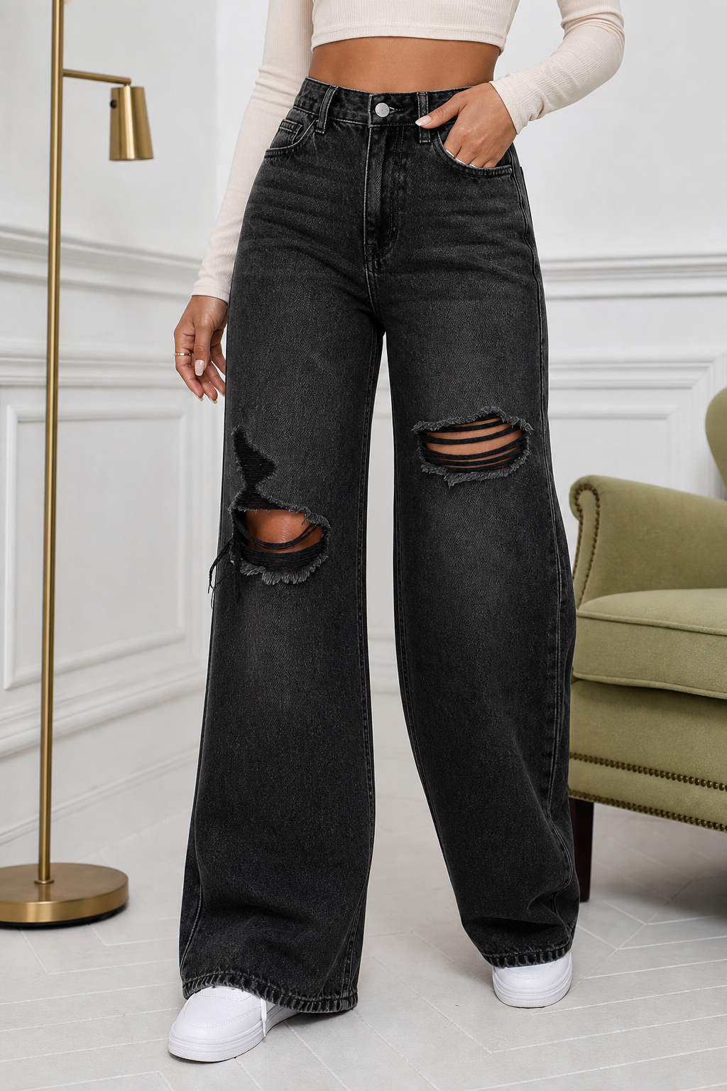 Washed black high rise ripped wide leg jeans front view