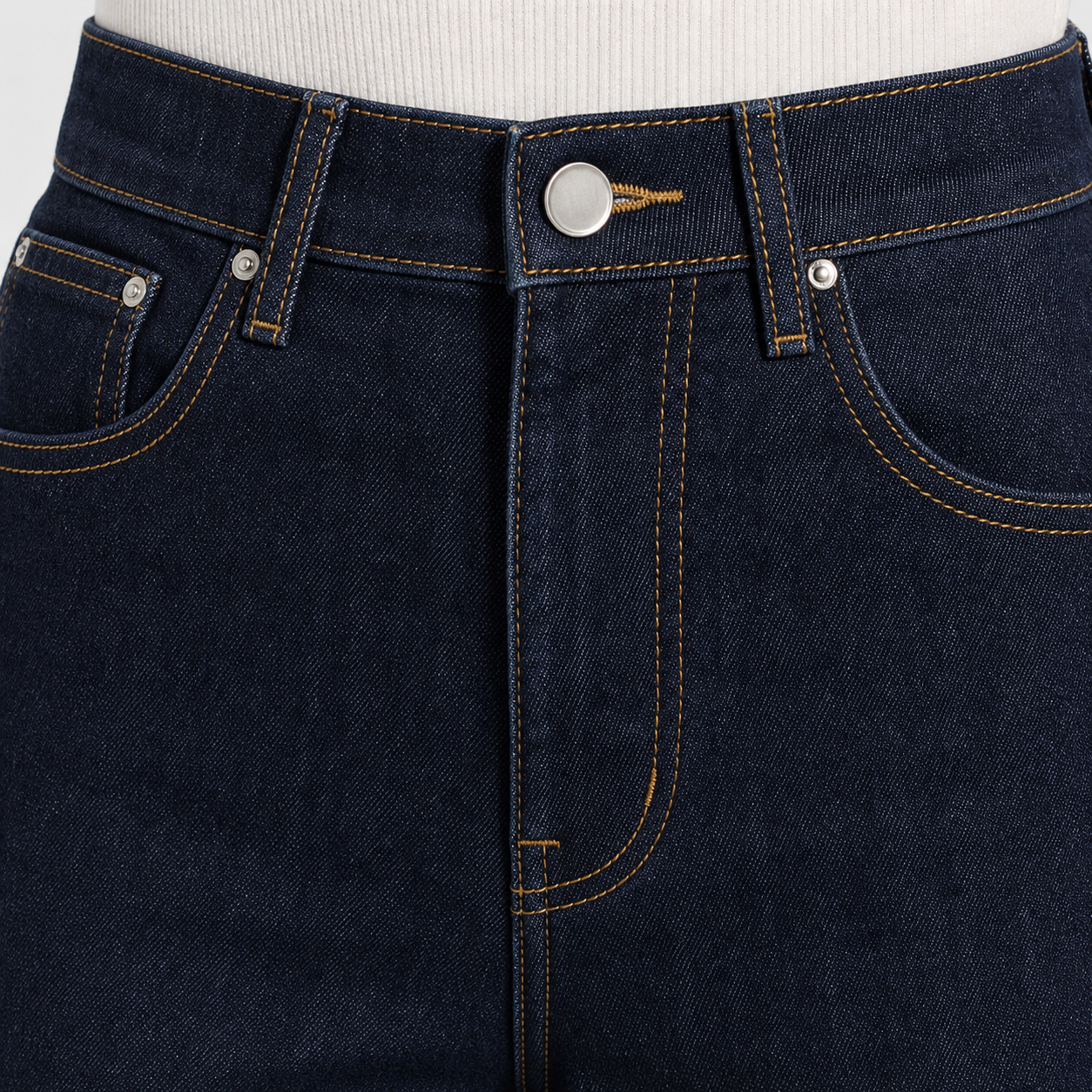 Front waistband button zipper fly pocket and contrast stitching detail