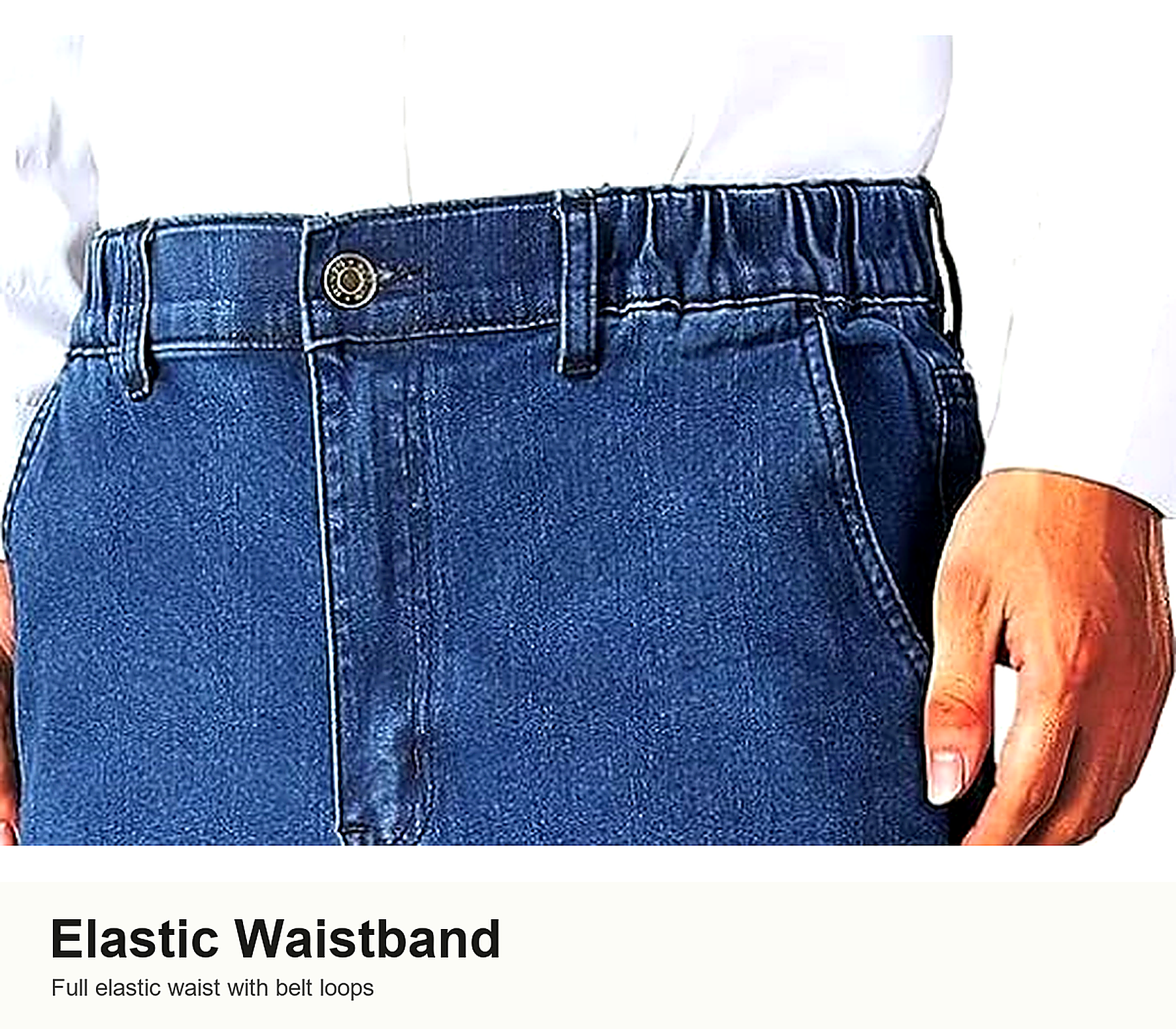 Elastic waistband and belt loop detail on relaxed fit denim jeans