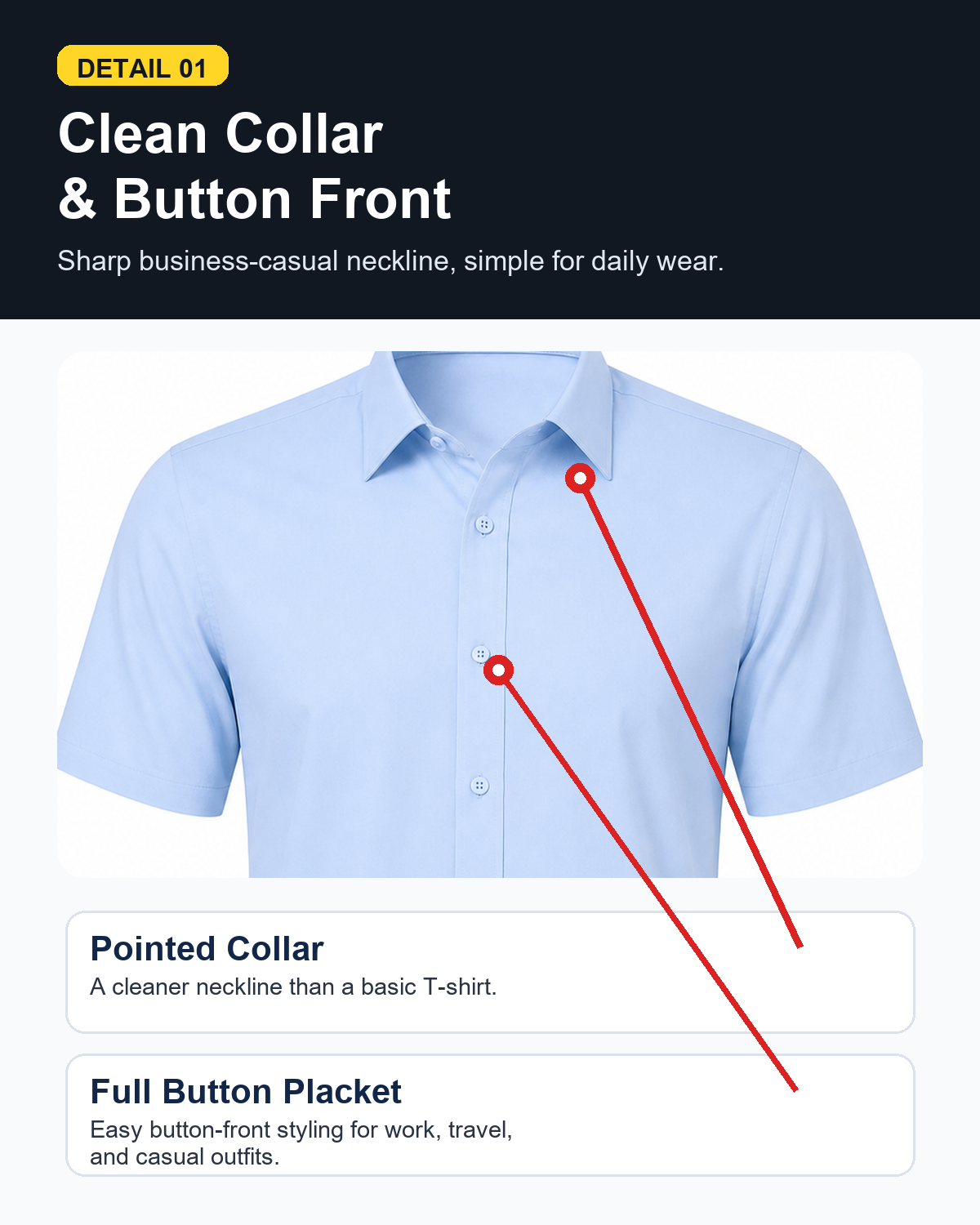 Men's short sleeve button shirt clean collar and button front detail