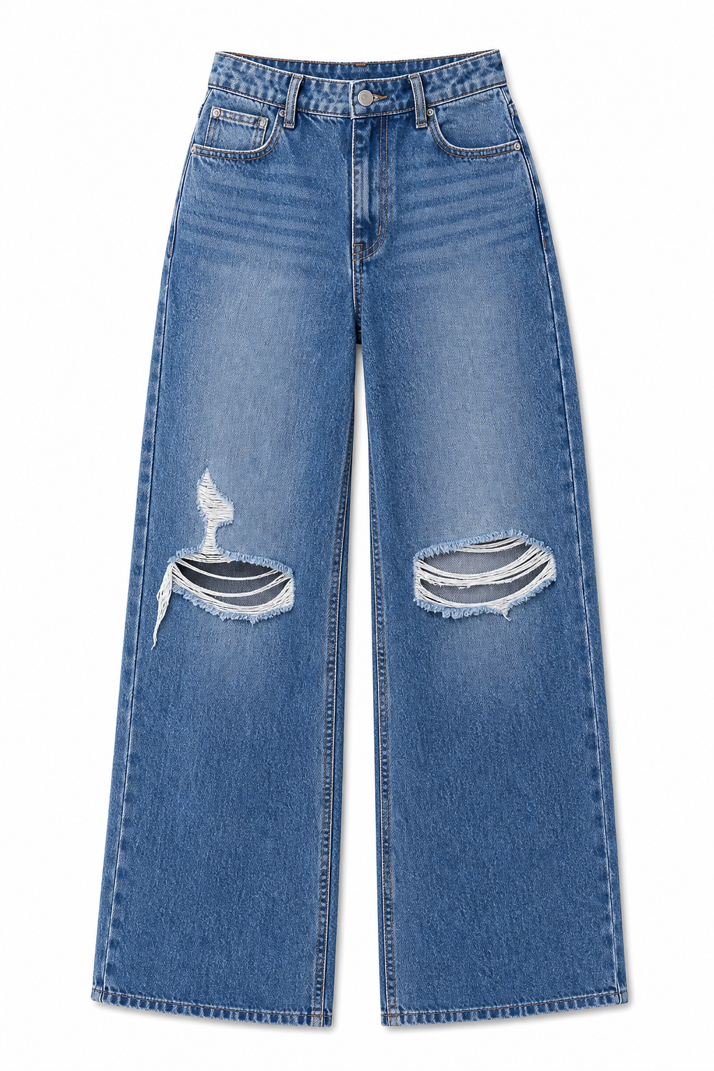 Product-only front view of high rise ripped wide leg jeans