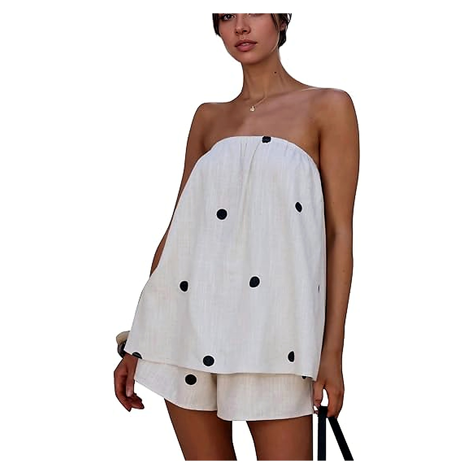 Women's Strapless Polka Dot Two-Piece Shorts Set - White Black Dot