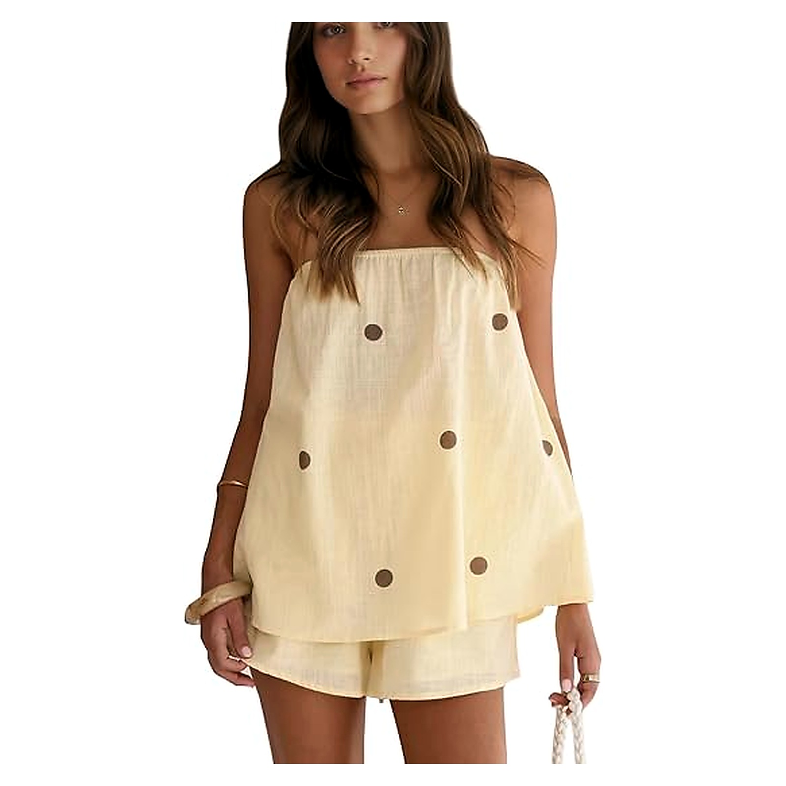Women's Strapless Polka Dot Two-Piece Shorts Set - Butter Taupe Dot