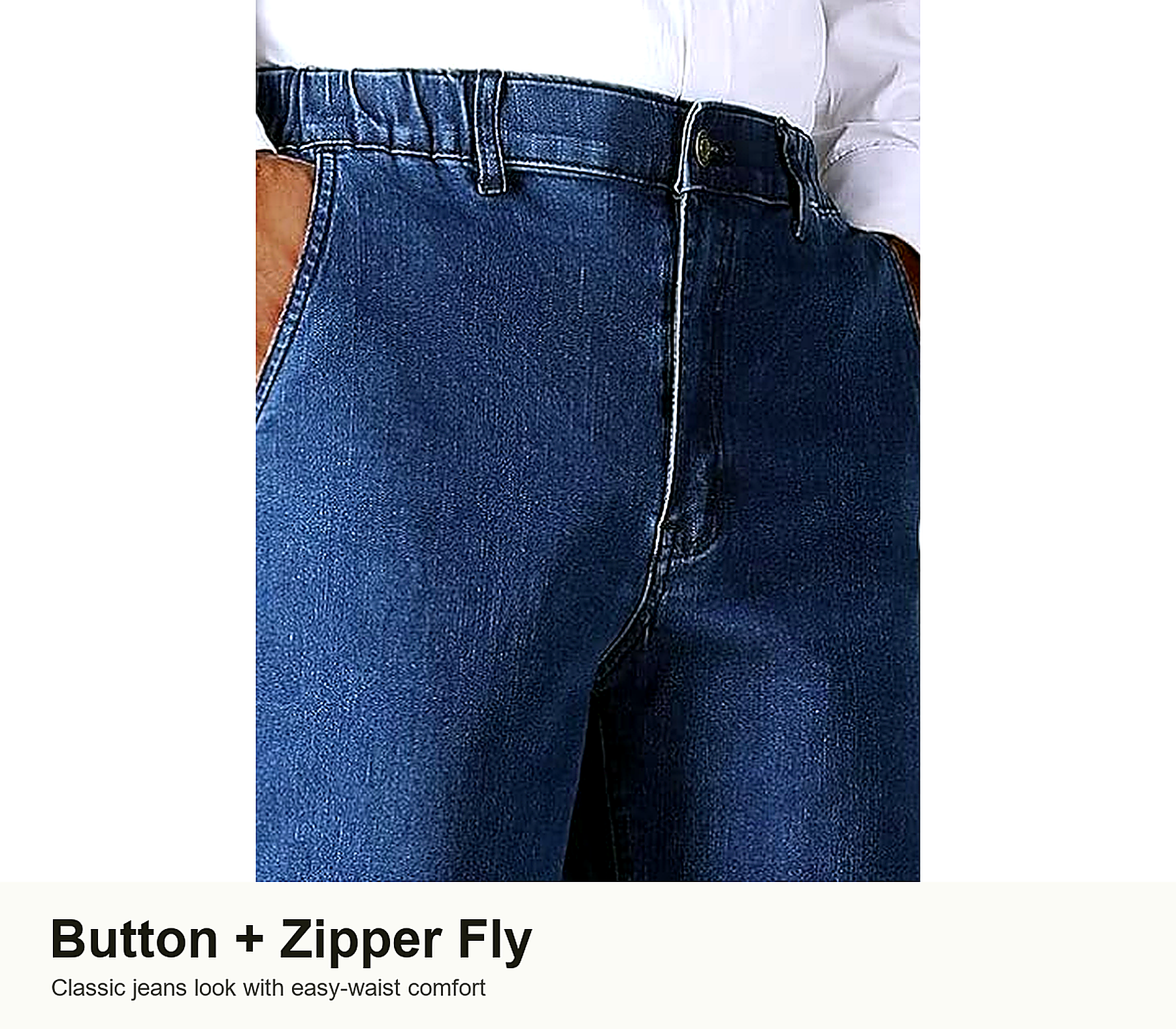 Button closure and zipper fly detail on elastic waist jeans