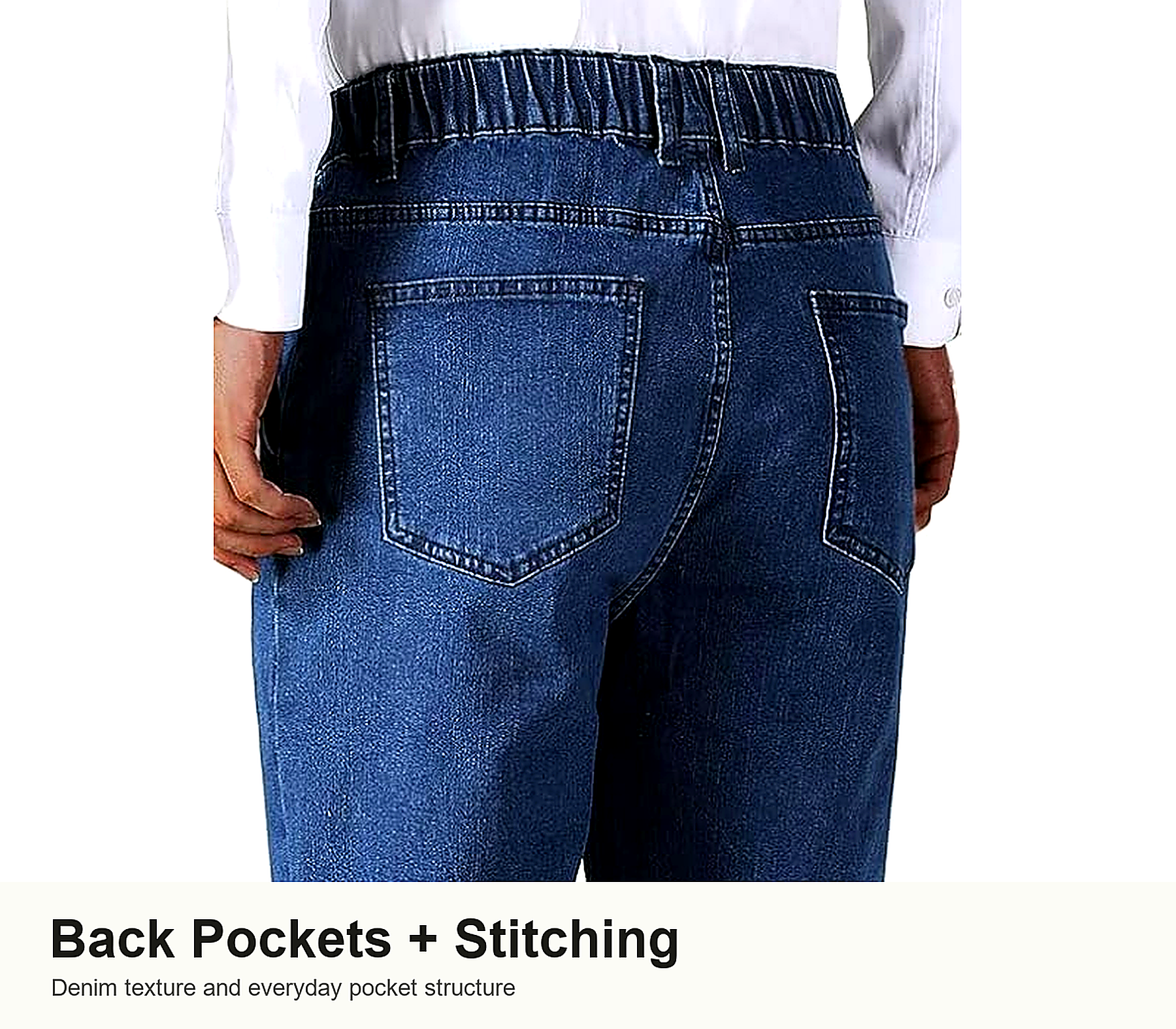 Back pocket and denim stitching detail on relaxed fit jeans