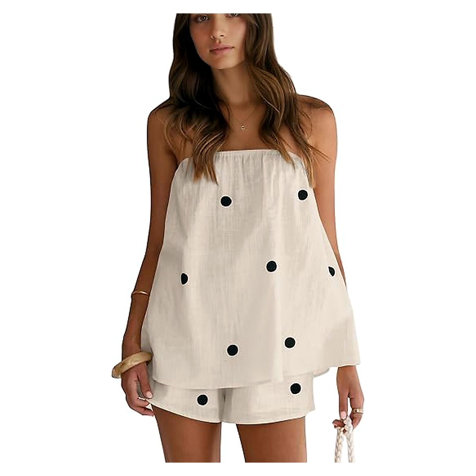 Women's Strapless Polka Dot Two-Piece Shorts Set - Natural Black Dot