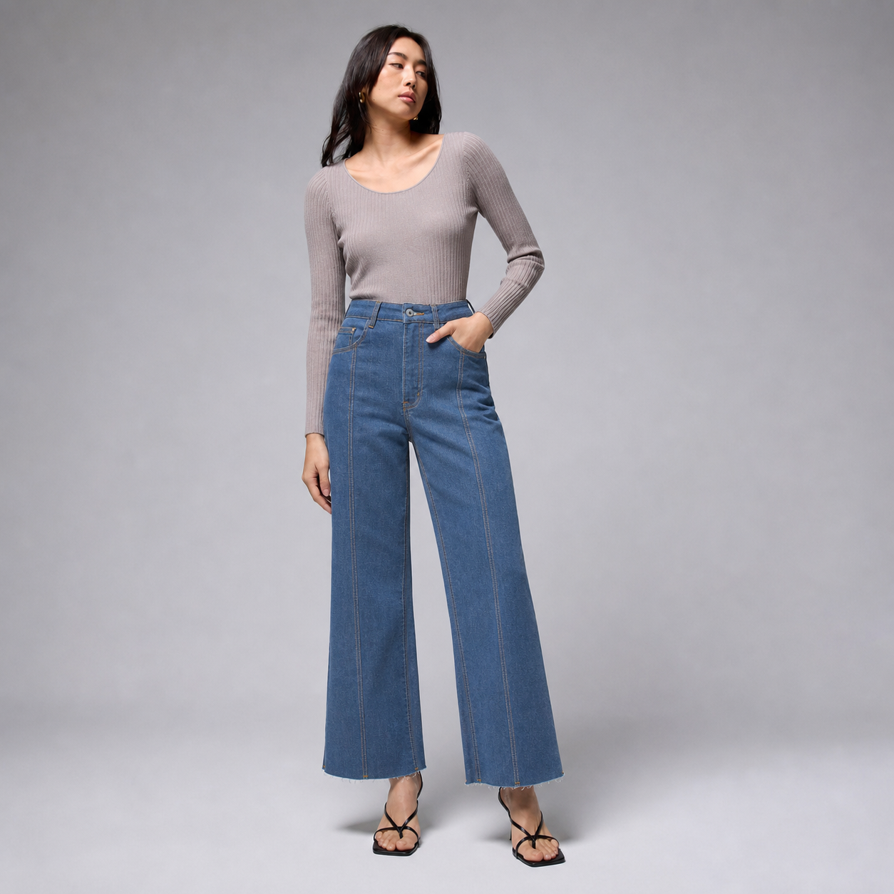 Vintage Medium Wash high rise wide leg cropped jeans front view