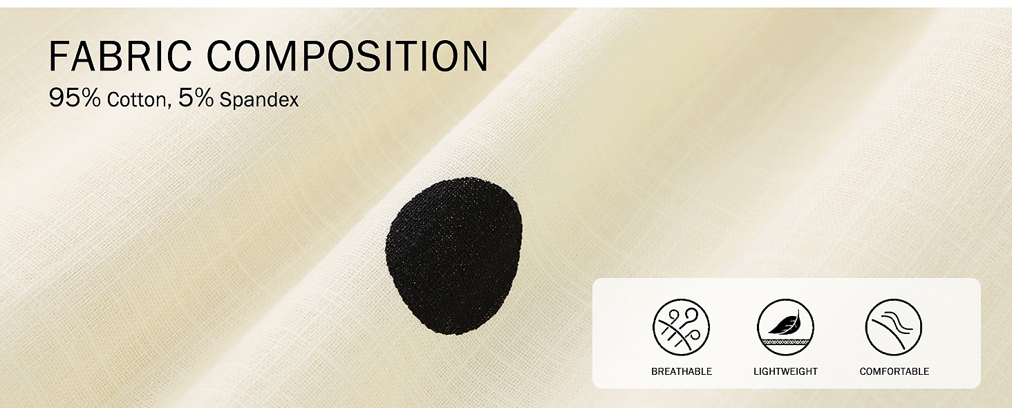 Fabric composition panel showing cotton-rich texture, polka dot, breathable, lightweight, and comfortable icons