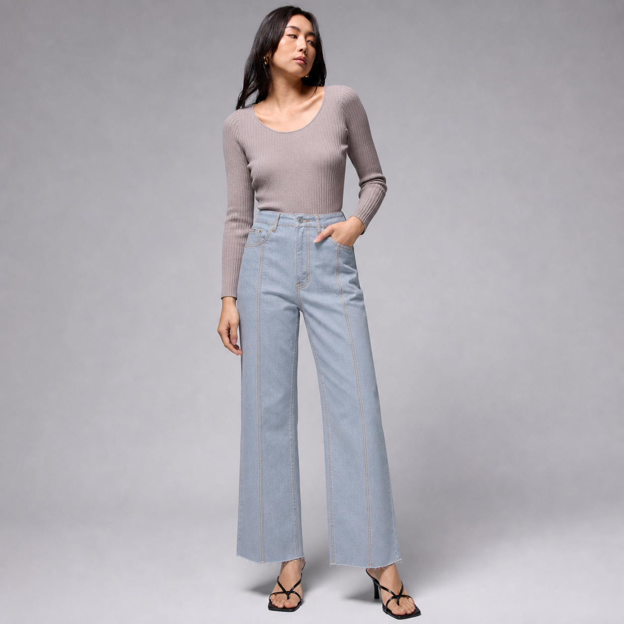 Light Stone Wash high rise wide leg cropped jeans front view