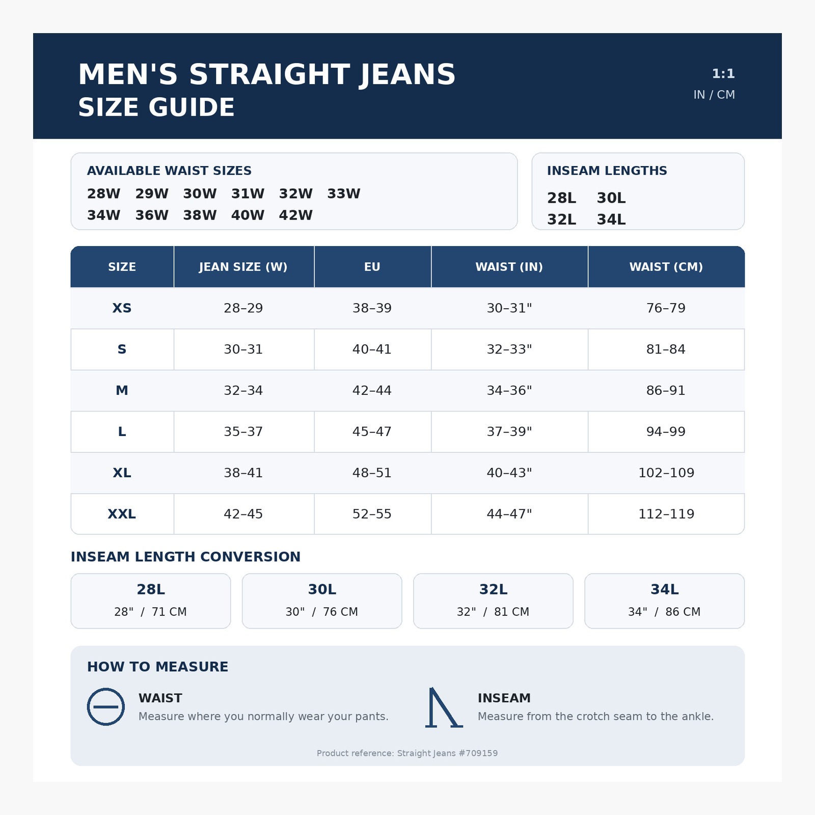 Men's straight jeans waist and inseam size guide