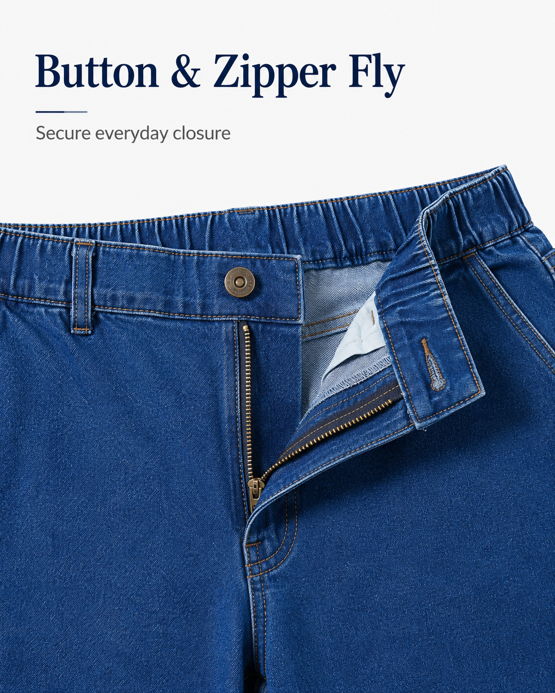 Button and zipper fly detail on men's jeans.