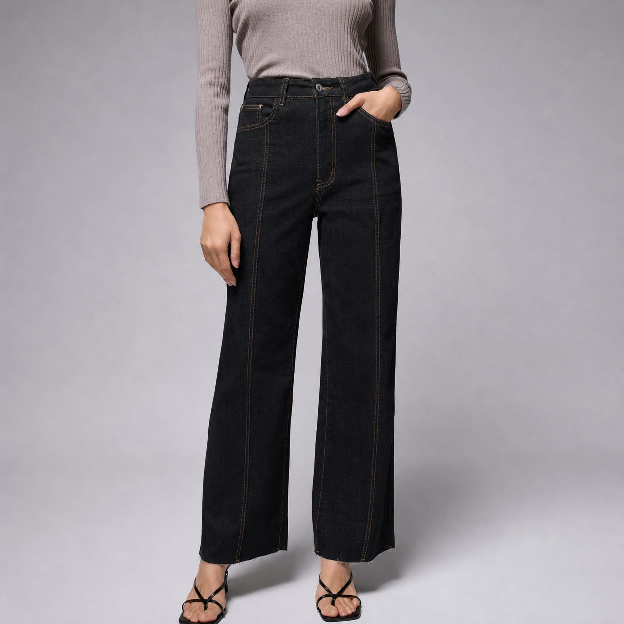 Washed Black high rise wide leg cropped jeans front view