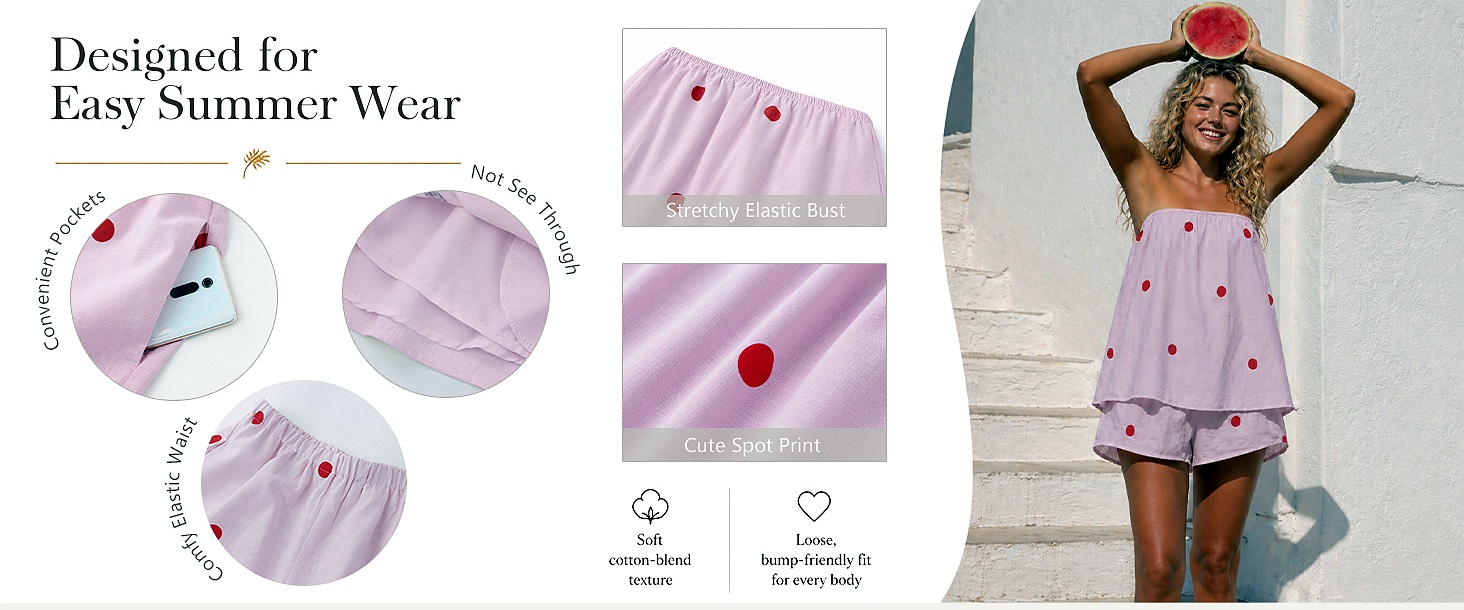 Design detail panel showing pockets, elastic waist, elastic bust, dot print, and summer fit