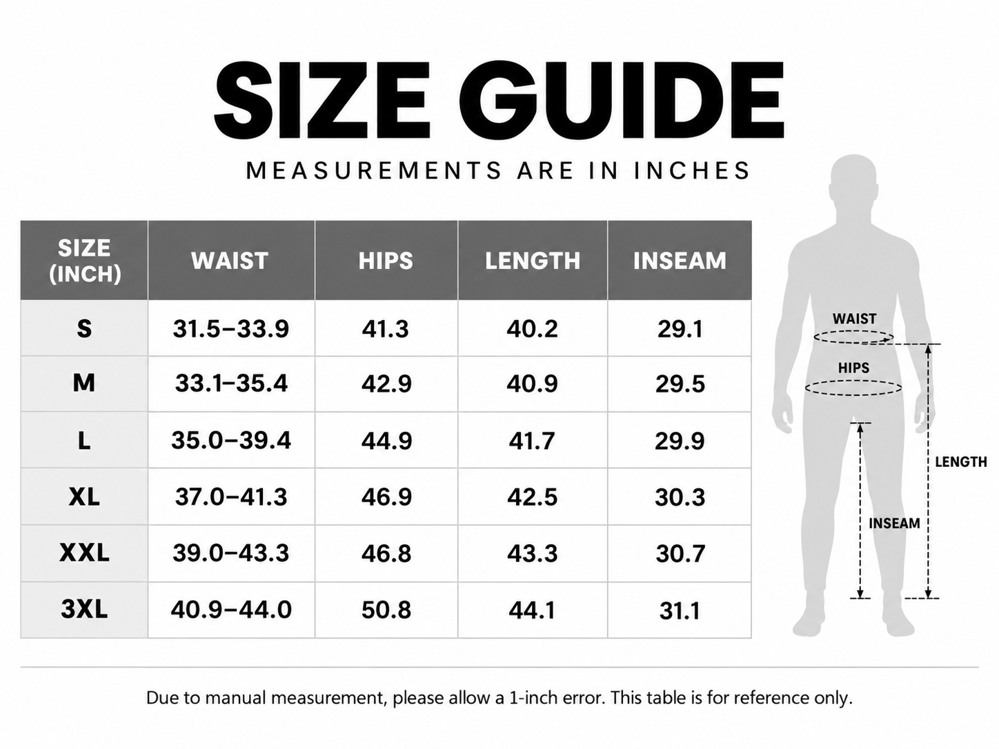 Complete waist hips length and inseam size guide from S to 3XL