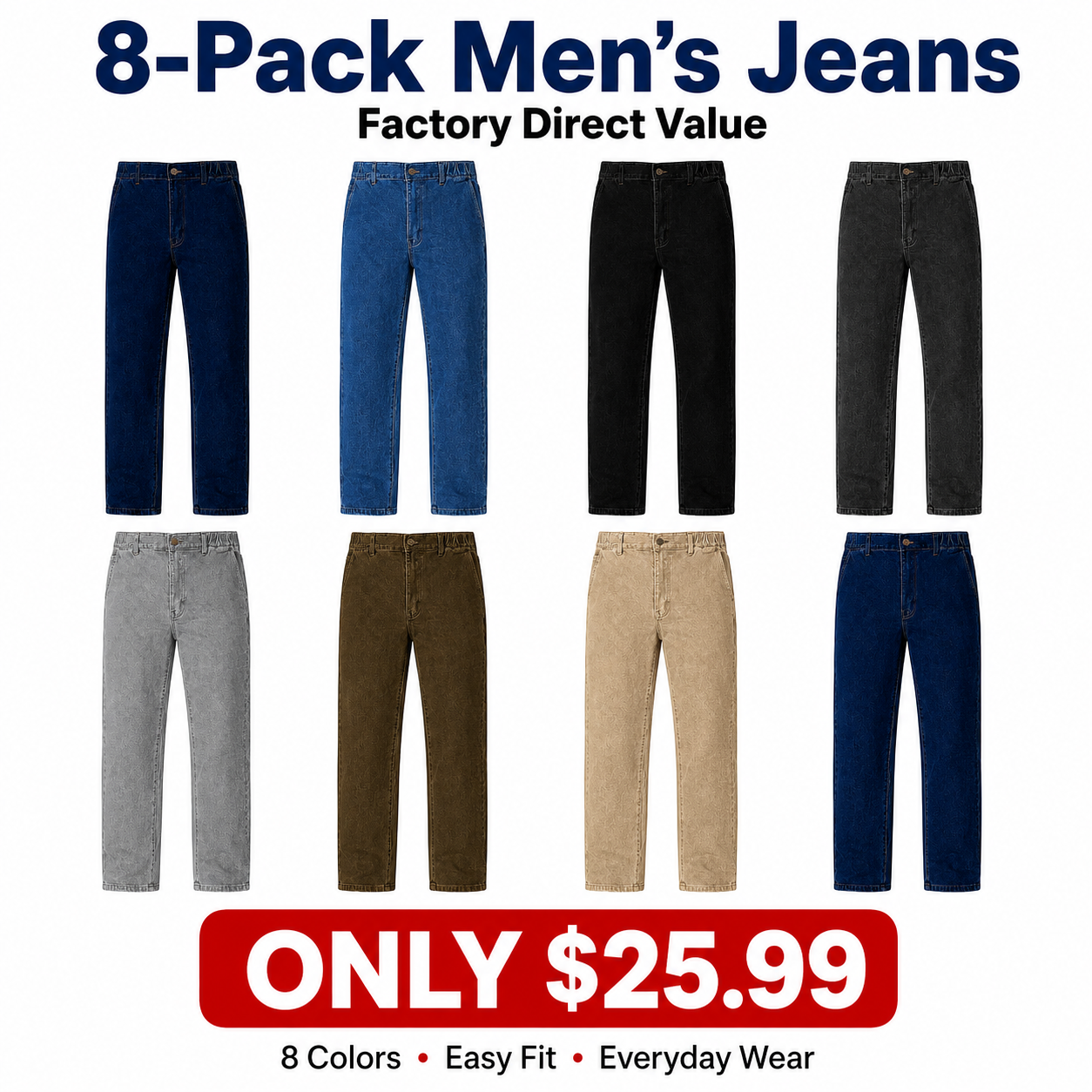 Men's Elastic Waist Jeans 8-Pack
