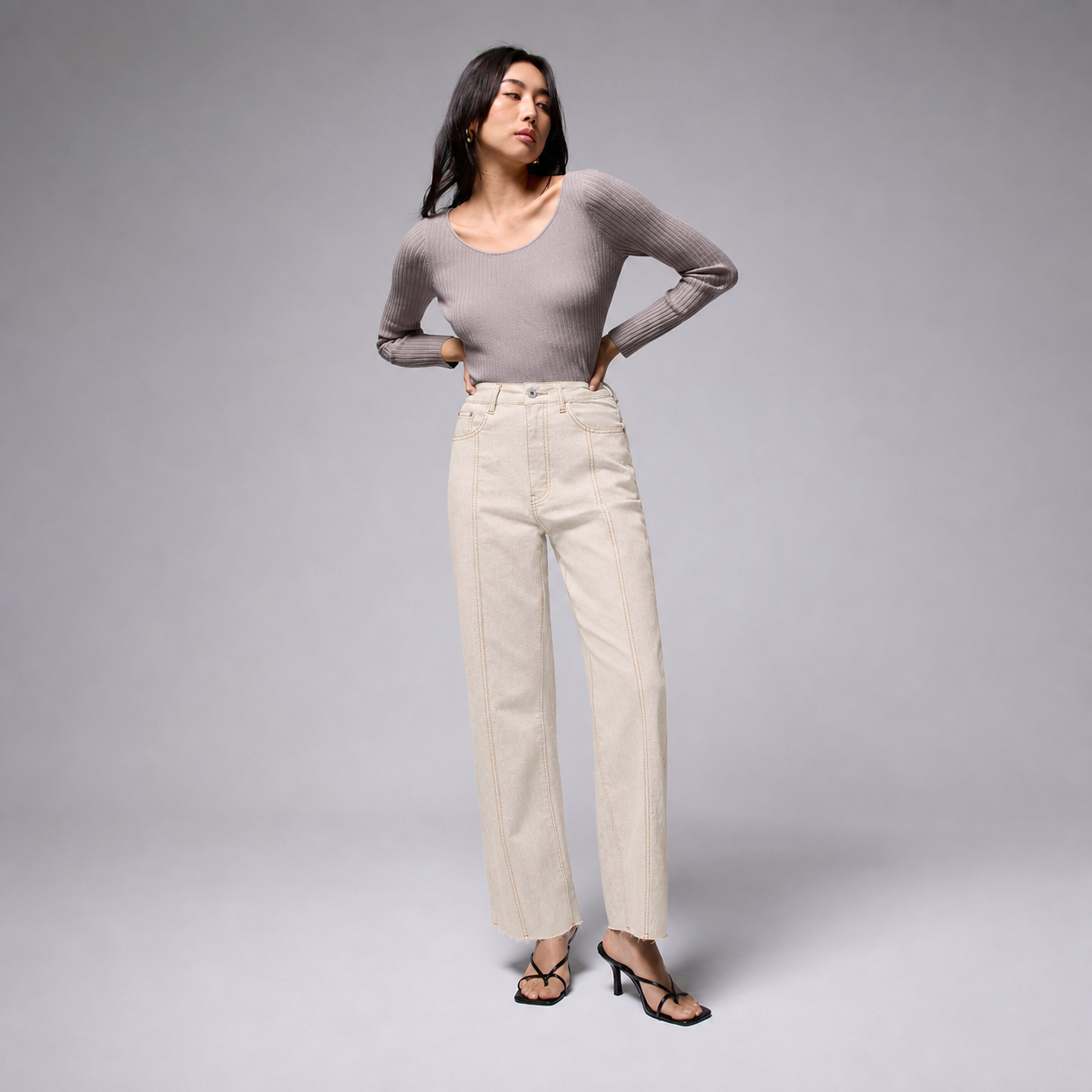 Soft Ecru Denim high rise wide leg cropped jeans front view