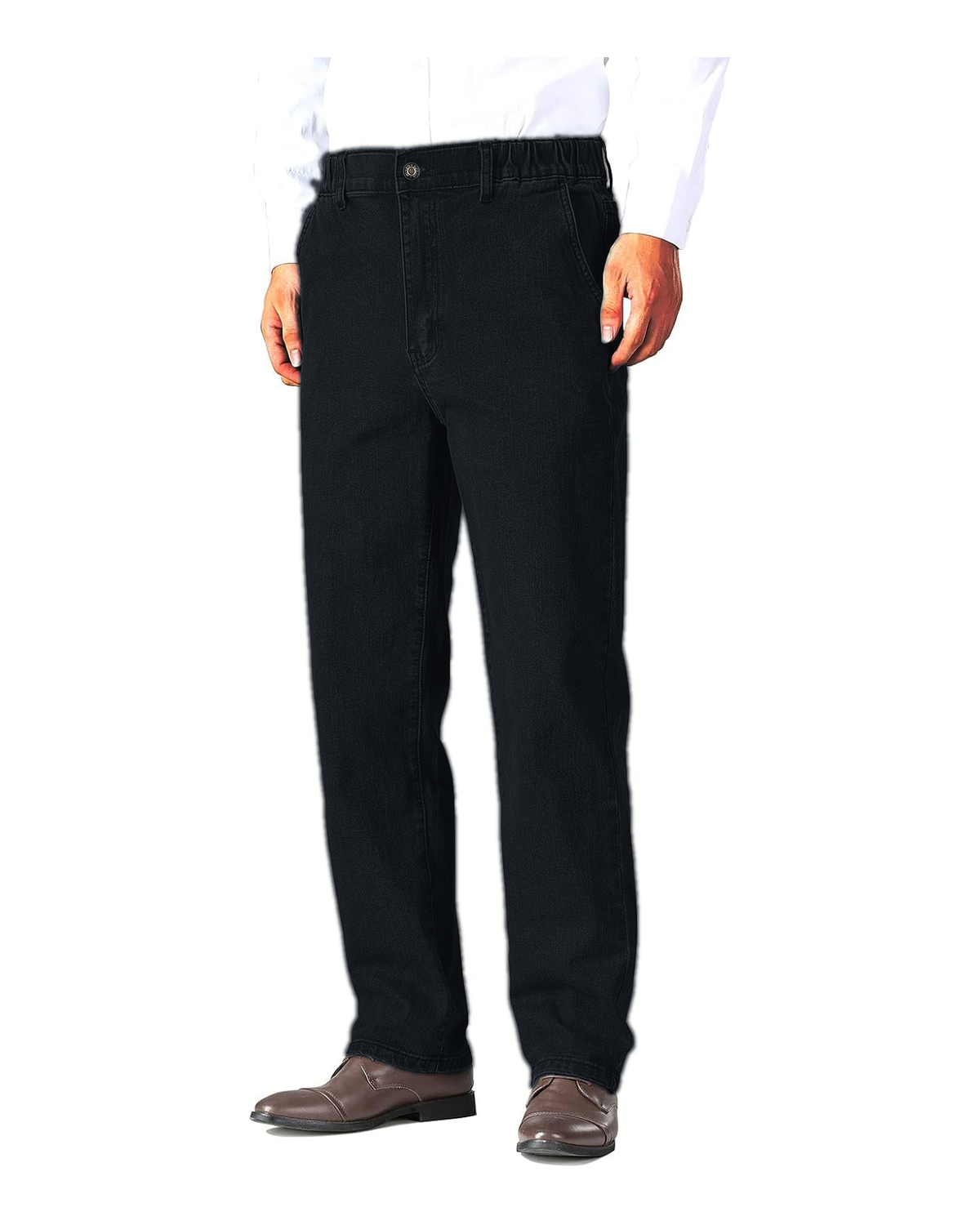 Washed Black elastic waist jeans front view