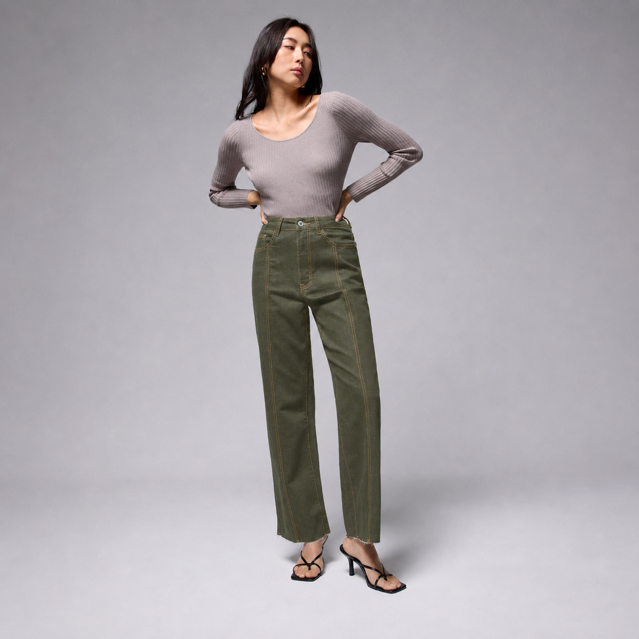 Olive Drab Denim high rise wide leg cropped jeans front view