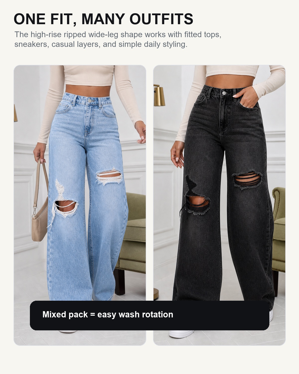 One fit many outfits denim wash rotation detail