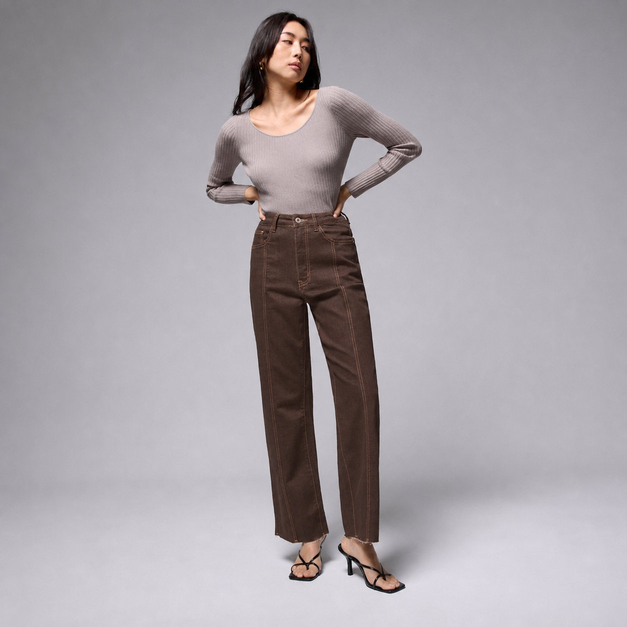 Cocoa Brown Denim high rise wide leg cropped jeans front view