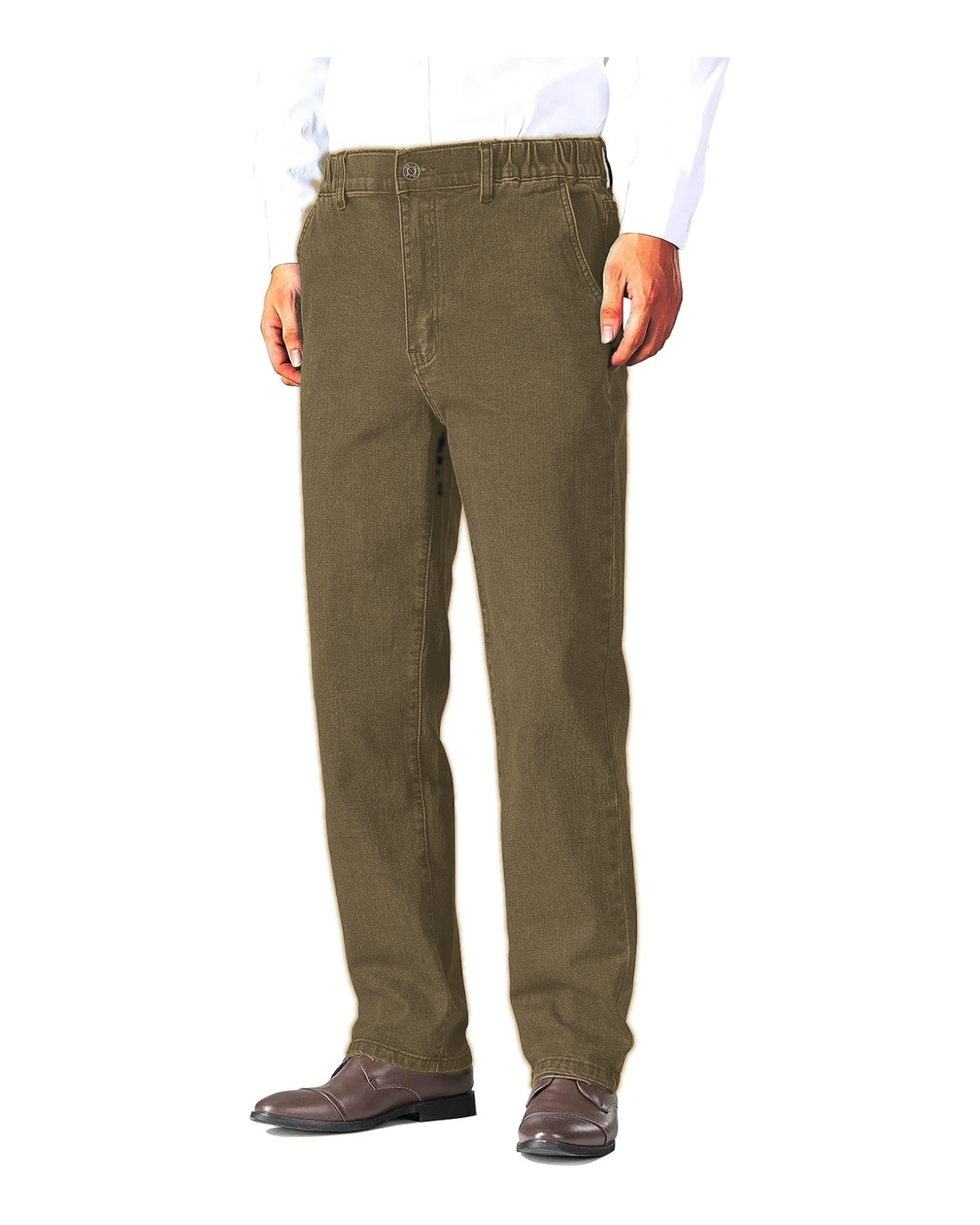Khaki Denim elastic waist jeans front view
