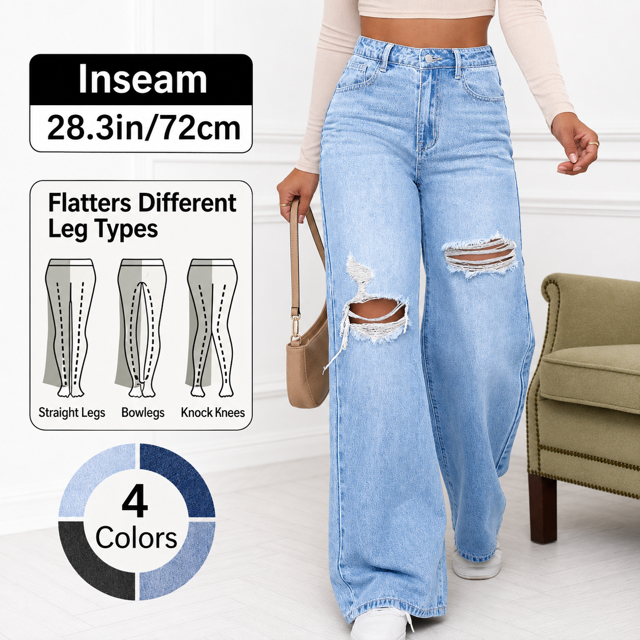 Women's High Rise Ripped Wide Leg Jeans 4-Pack & 8-Pack