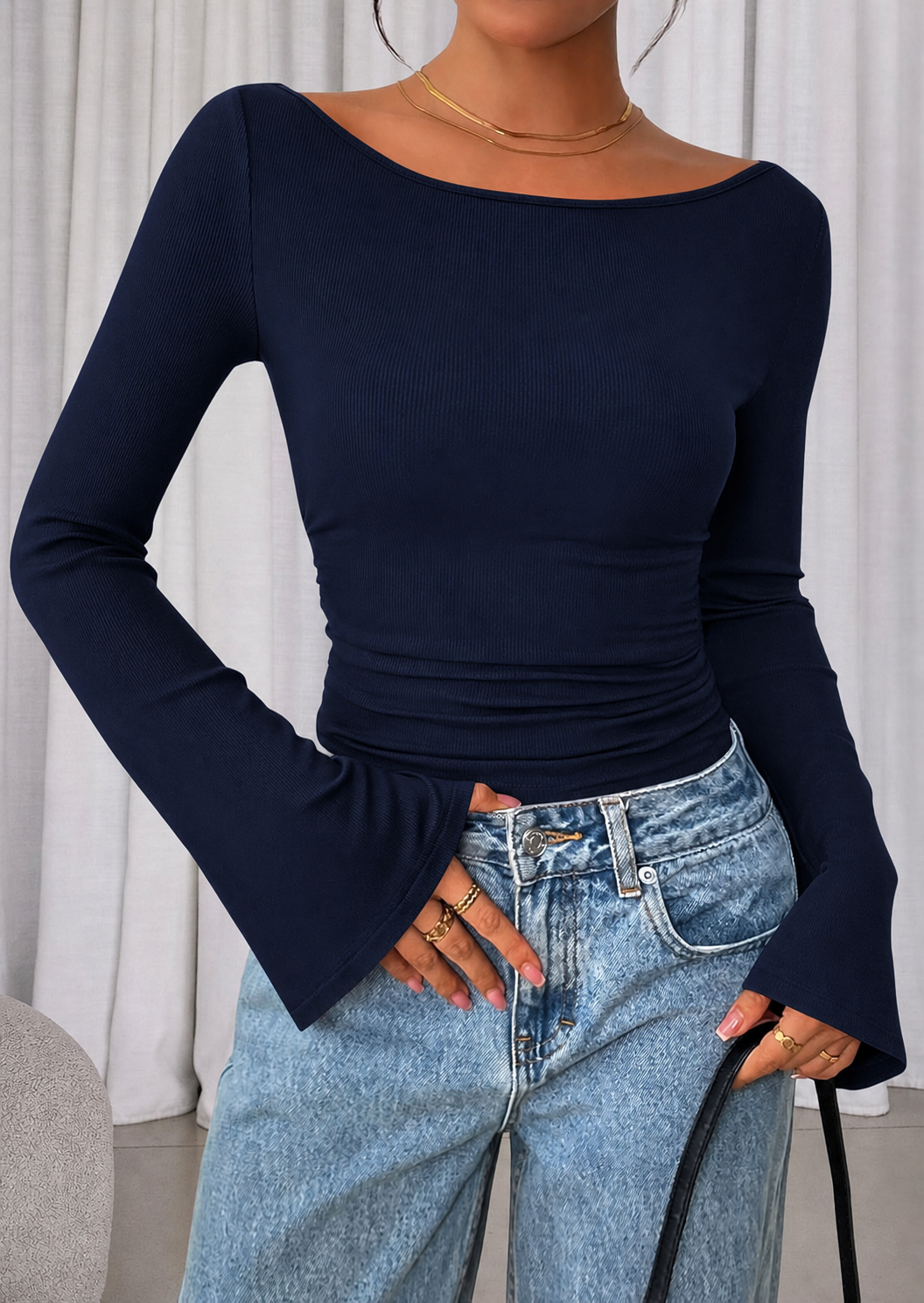 Midnight Navy ribbed boat neck bell sleeve crop top