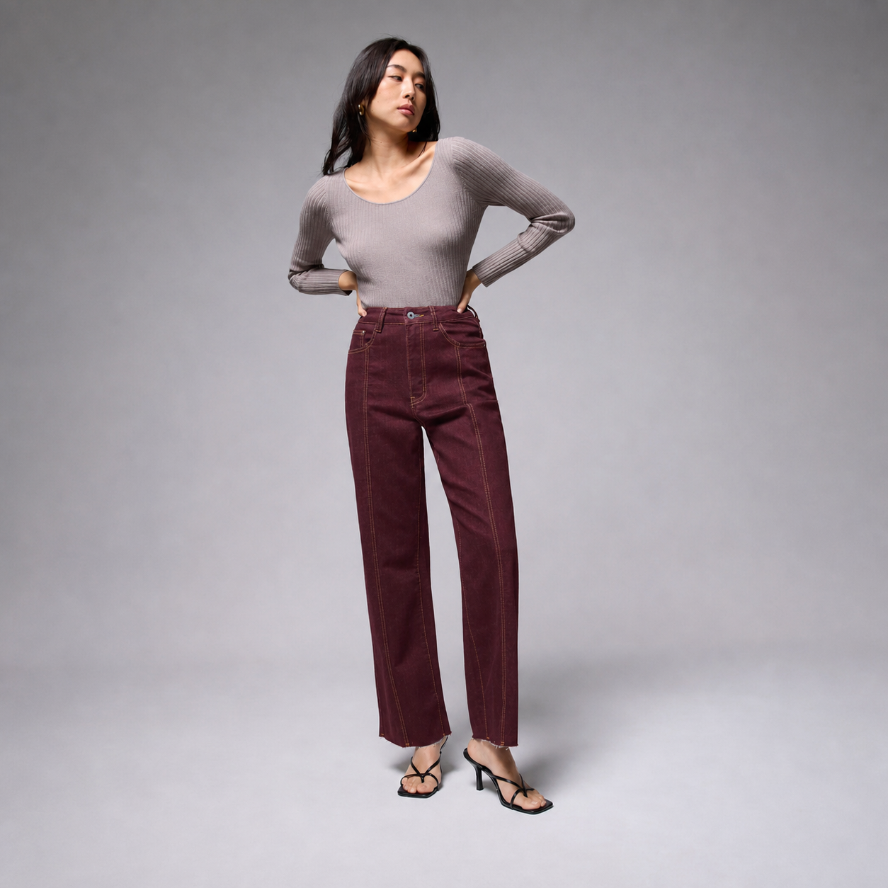Faded Burgundy Denim high rise wide leg cropped jeans front view