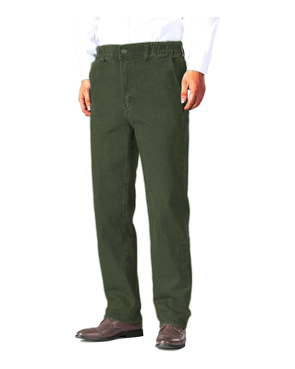 Olive Gray elastic waist jeans front view
