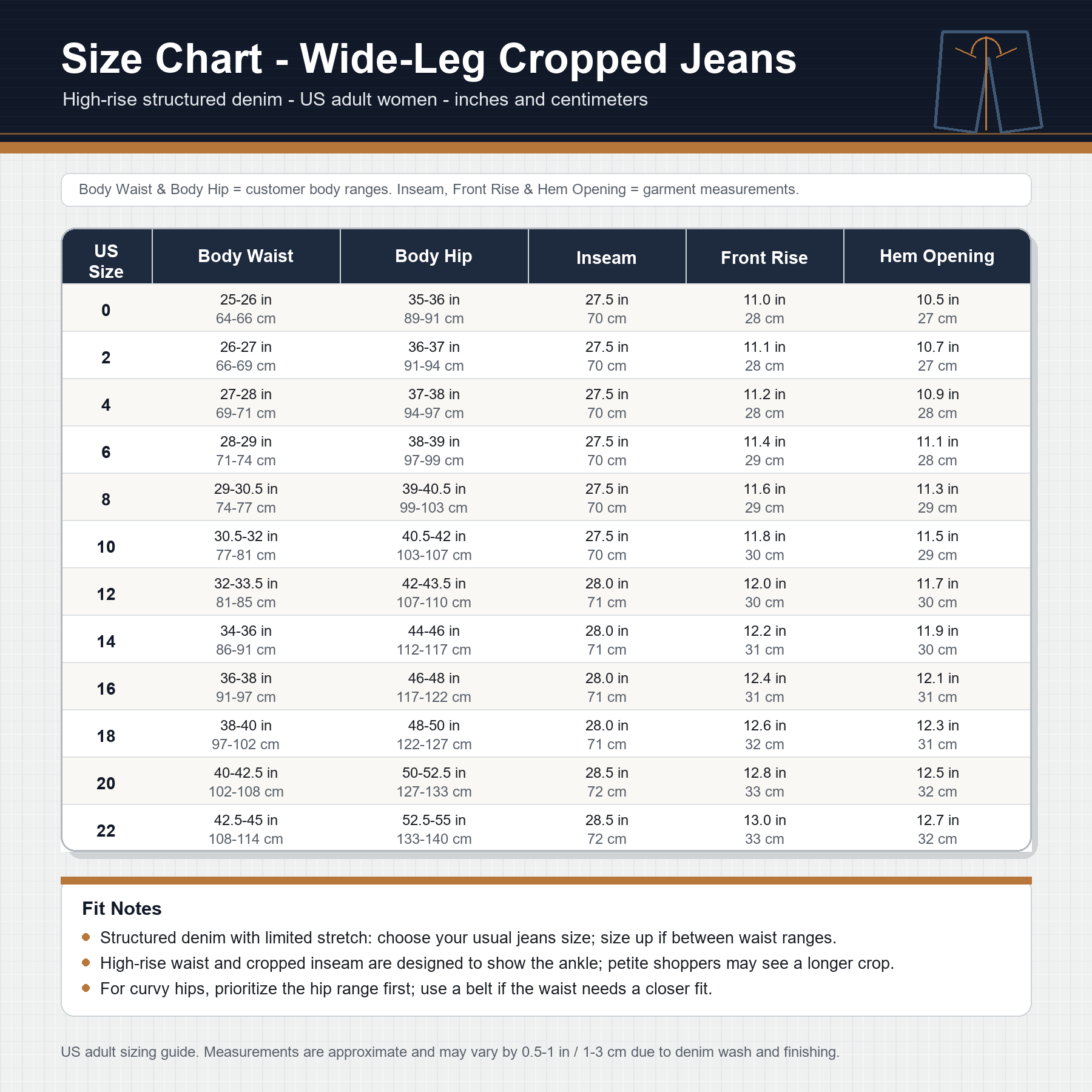 Women's wide leg cropped jeans size chart