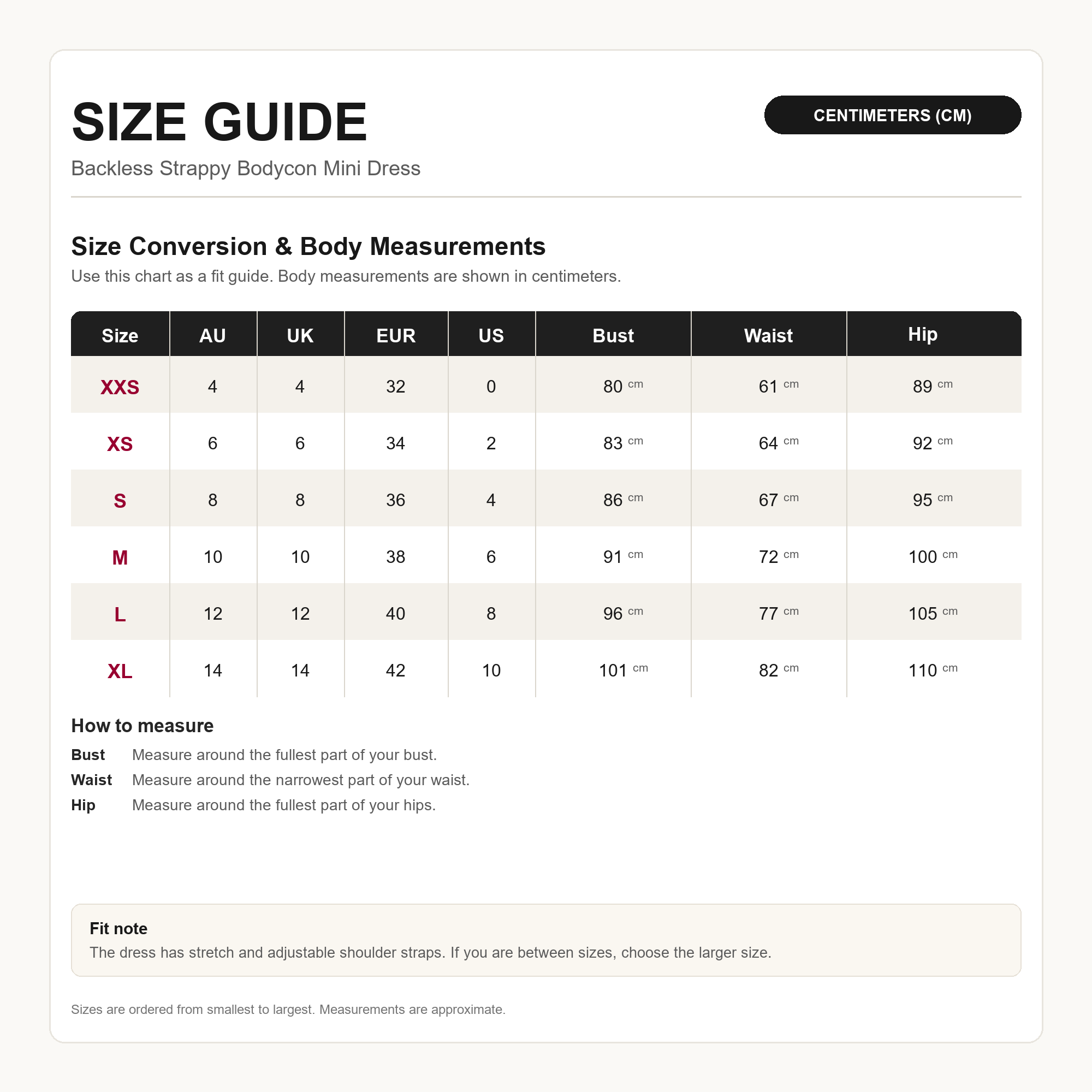 Backless strappy bodycon mini dress size chart