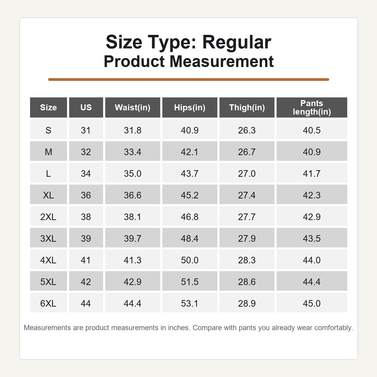 Men's tactical cargo pants size chart