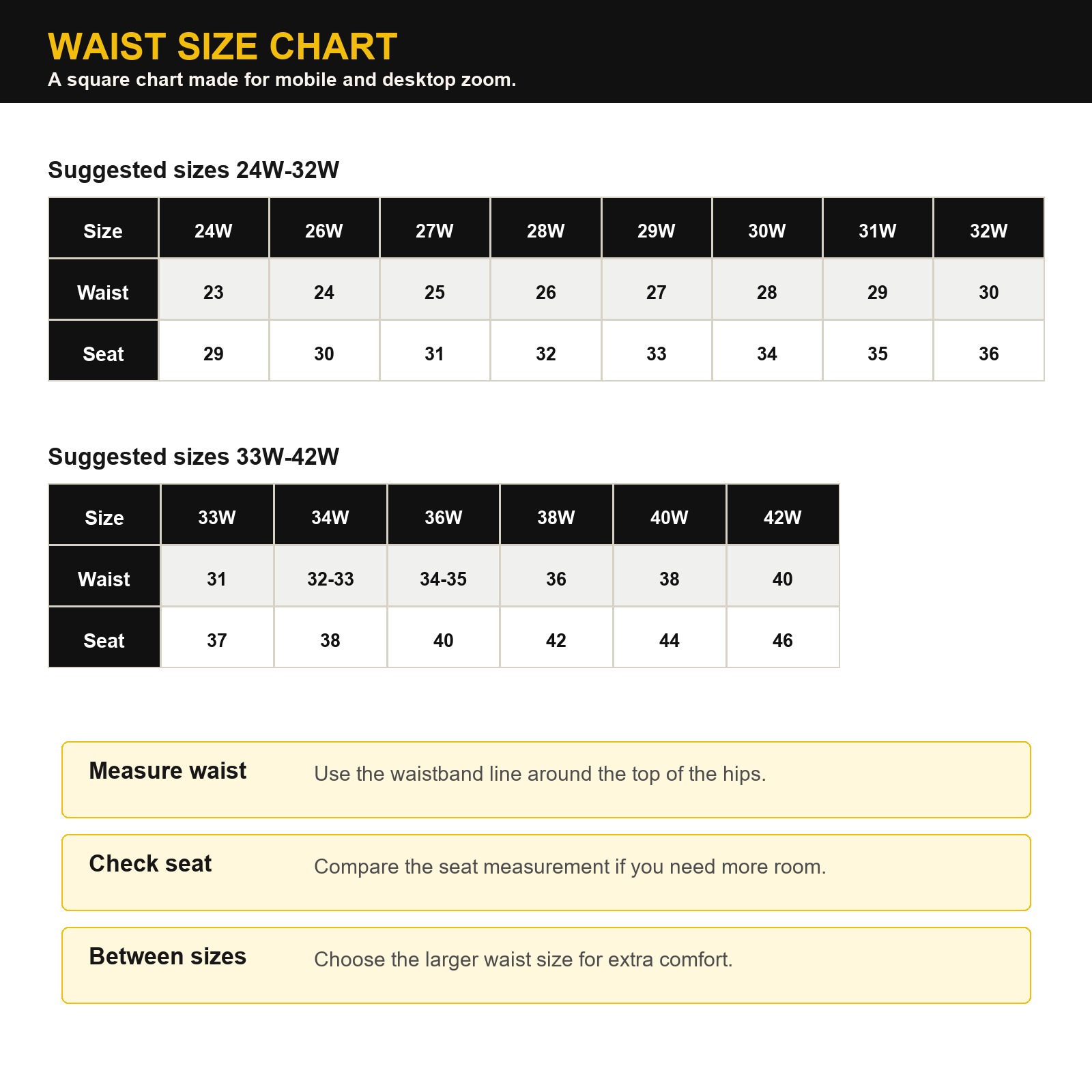 Square waist size chart for work pants
