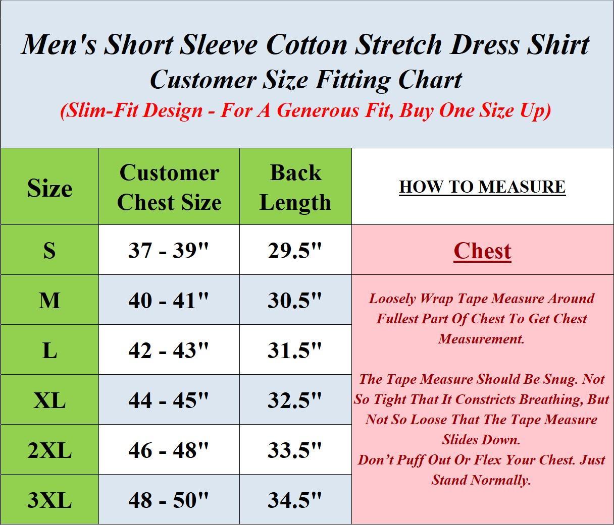 Men's short sleeve button shirt size chart
