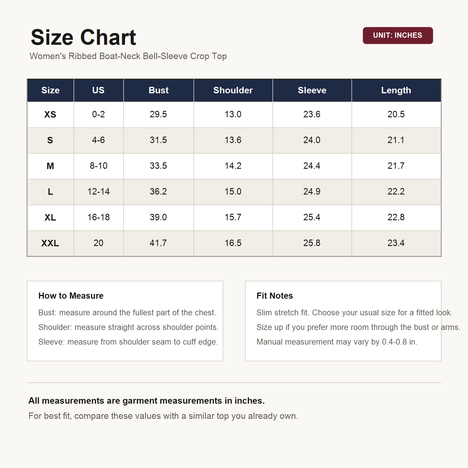 Size chart for ribbed boat neck bell sleeve crop top