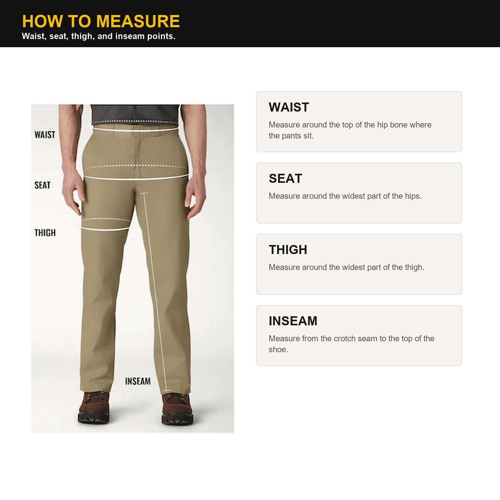 Square measuring guide for work pants