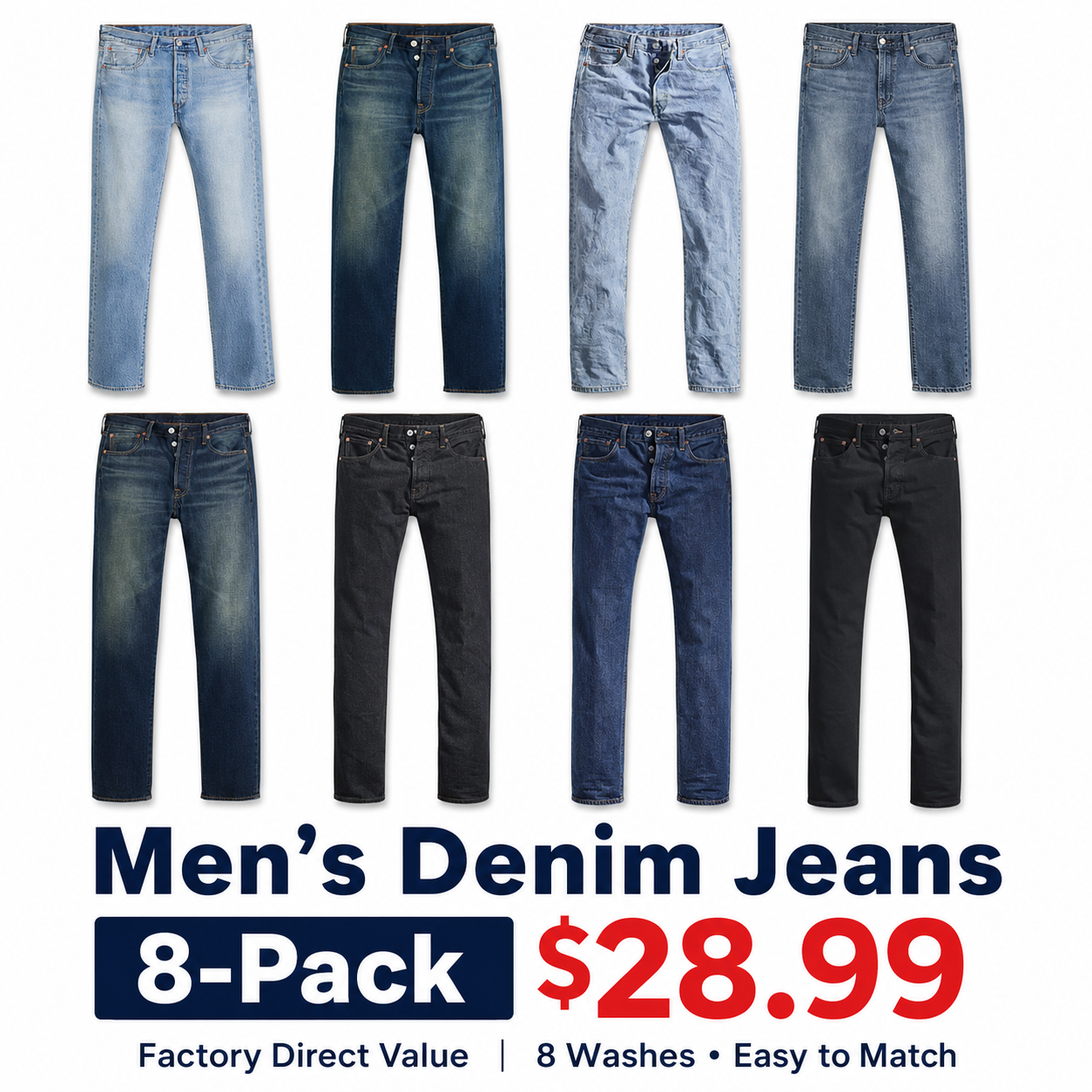 Men's loose straight denim jeans 8-pack deal