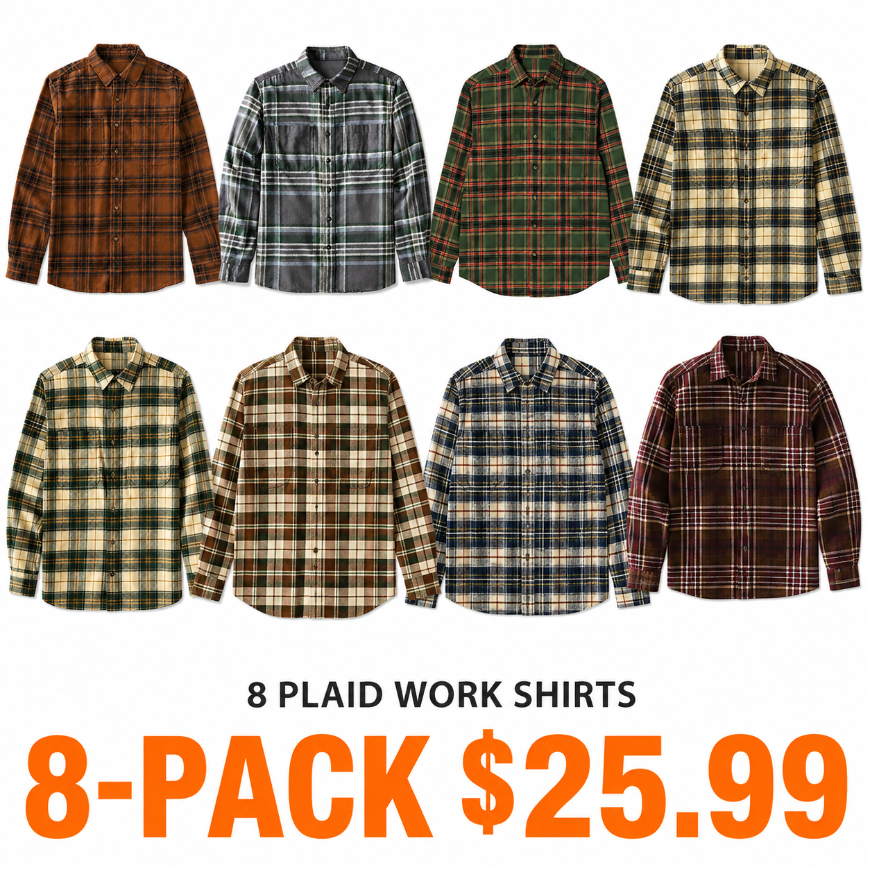 Men's Plaid Button-Up Shirts - 8-Pack