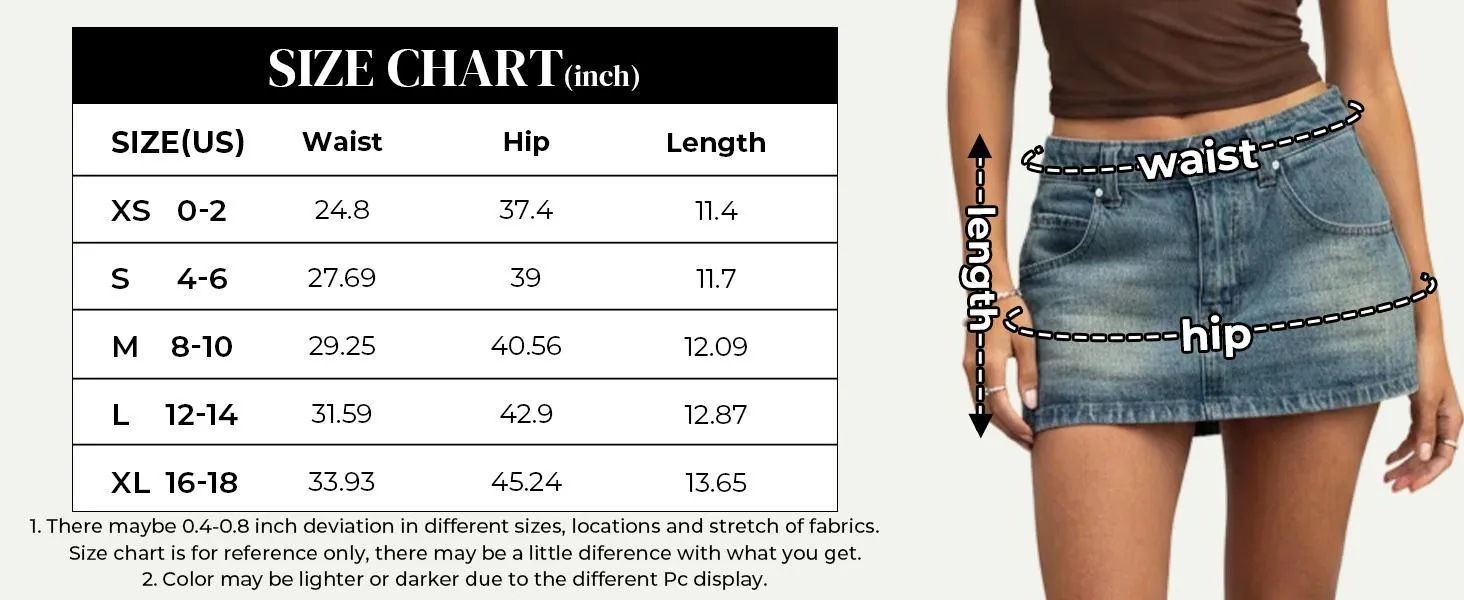 Size chart and fit guidance for the denim skort