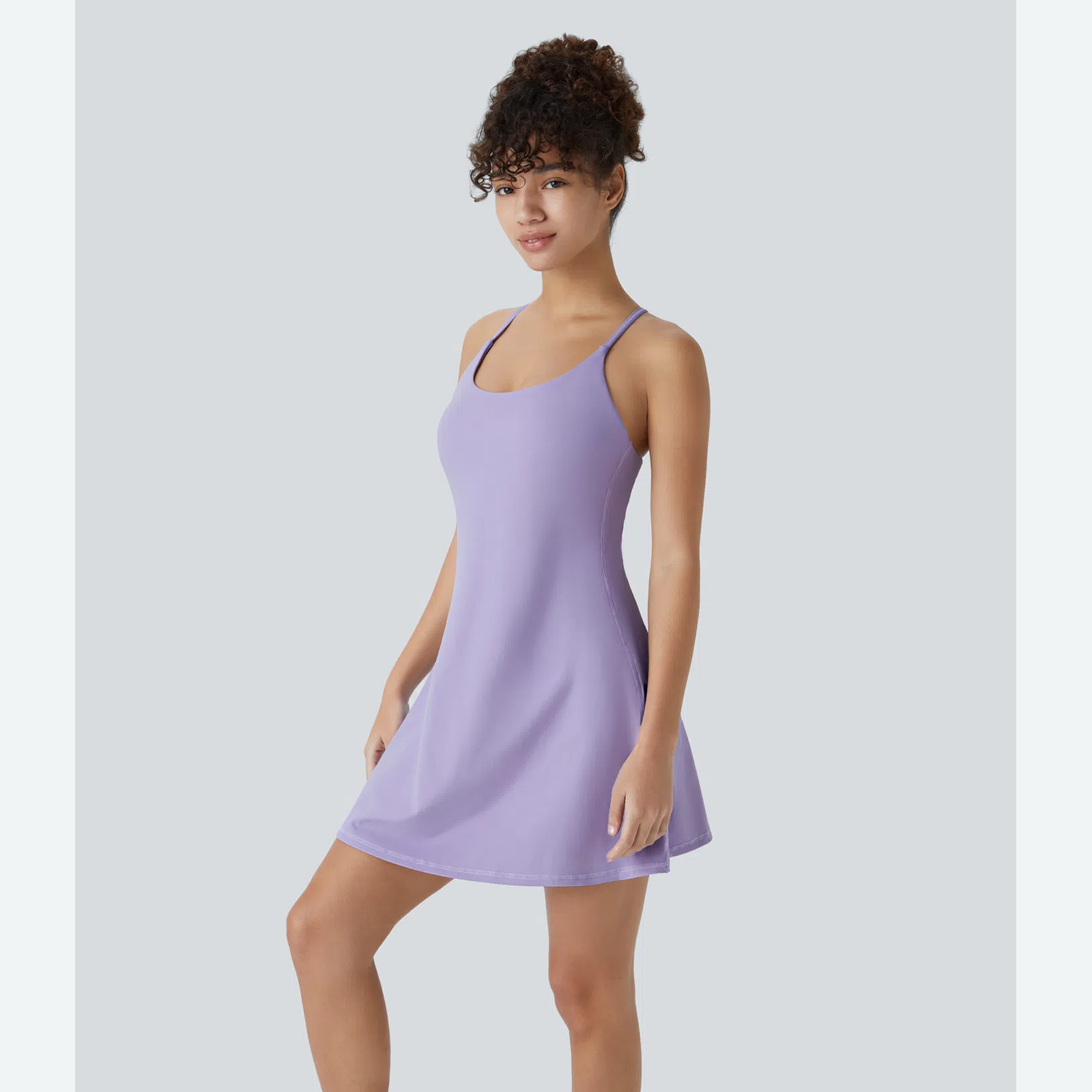 Lavender backless sleeveless dress lifestyle front view