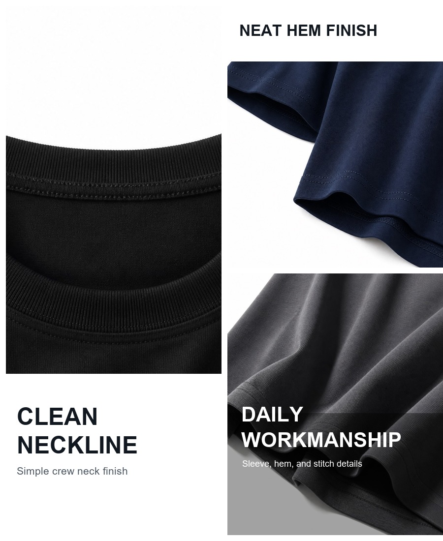 Men's T-shirt workmanship details including neckline, hem, and stitching