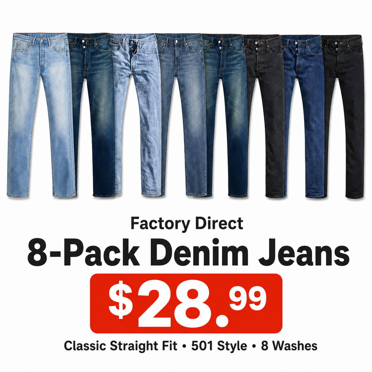 Men's Loose Straight Denim Jeans 8-Pack - Choose Any 8