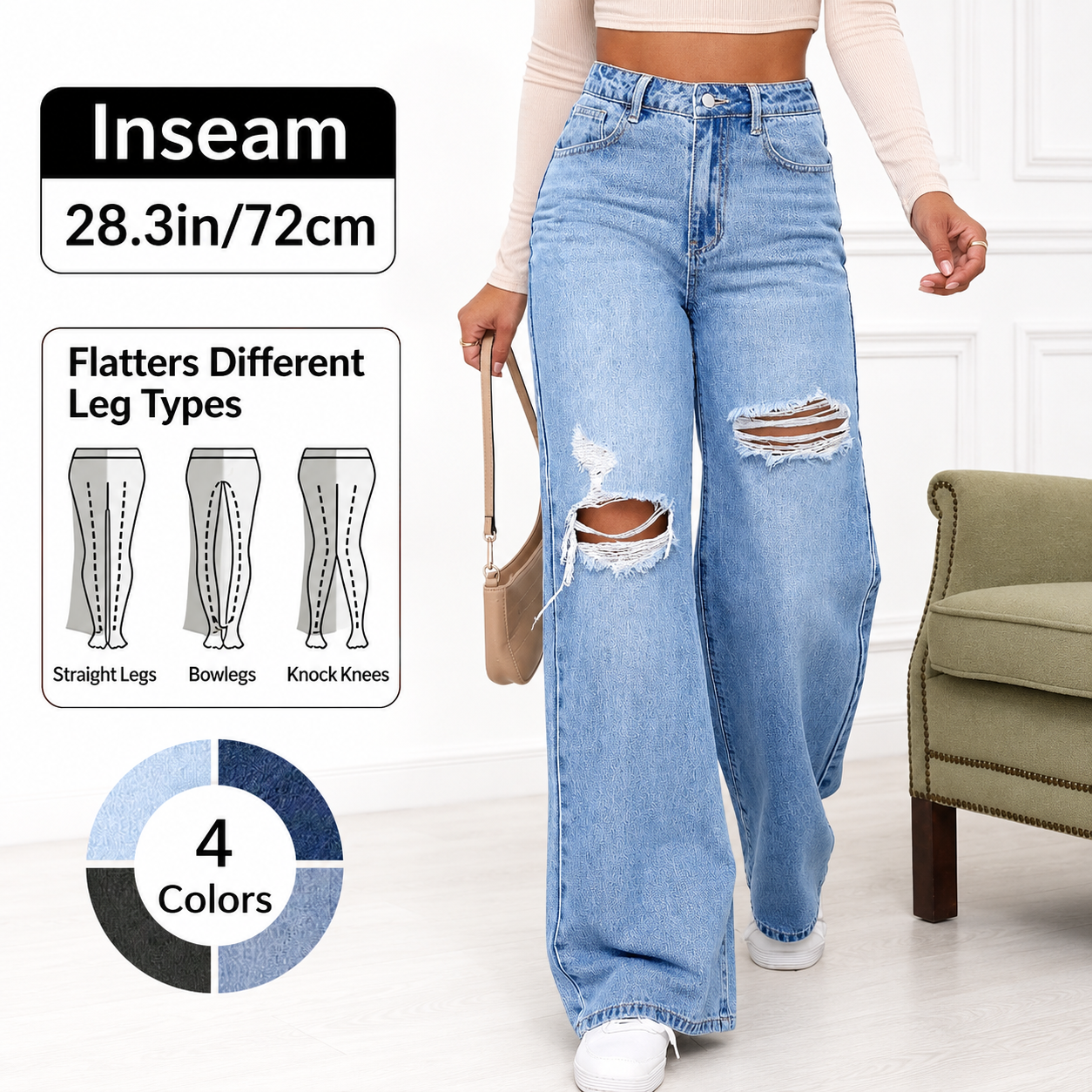 Women's High Rise Ripped Wide Leg Jeans 4-Pack & 8-Pack