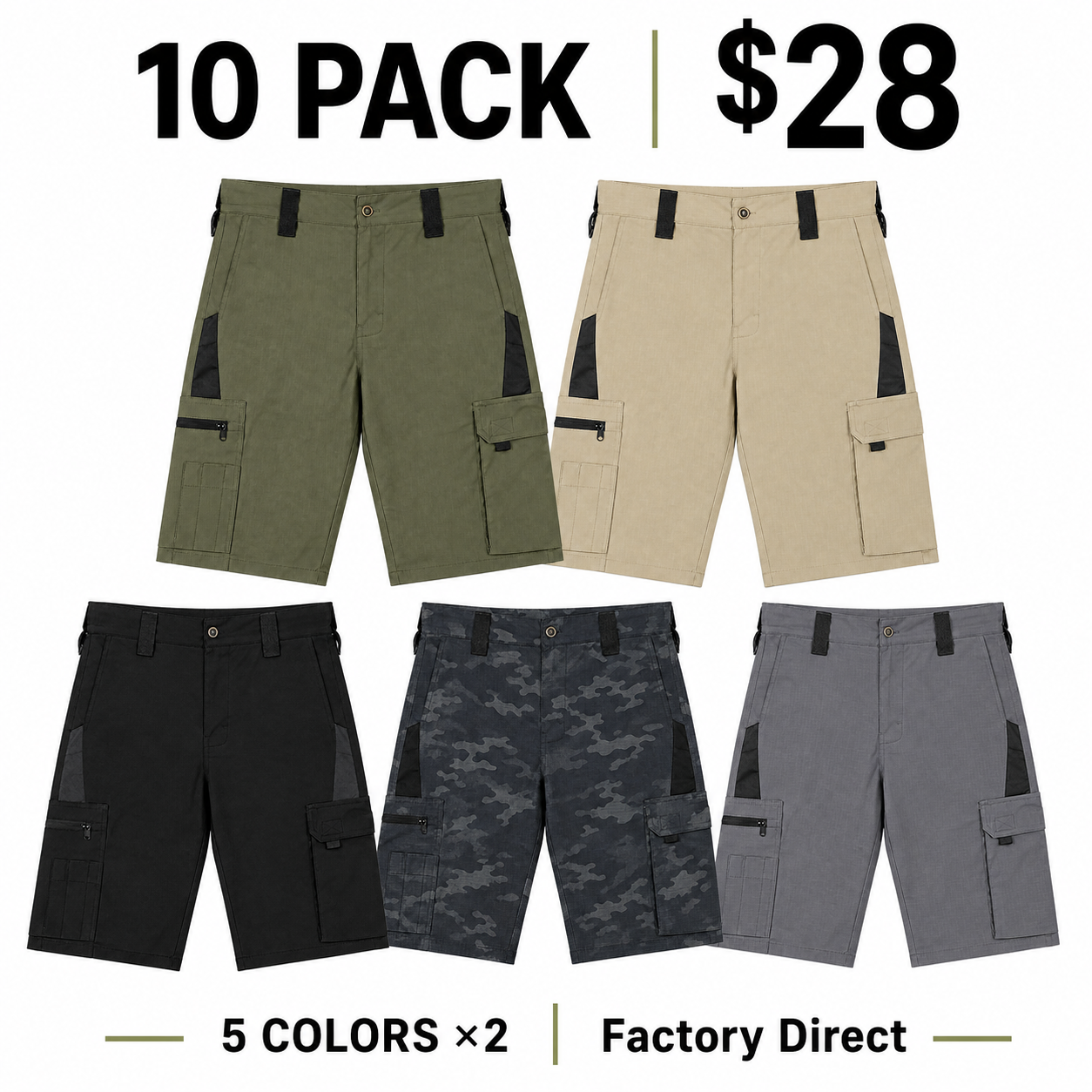 Men's Tactical Cargo Work Shorts 5-Pack & 10-Pack Bundle