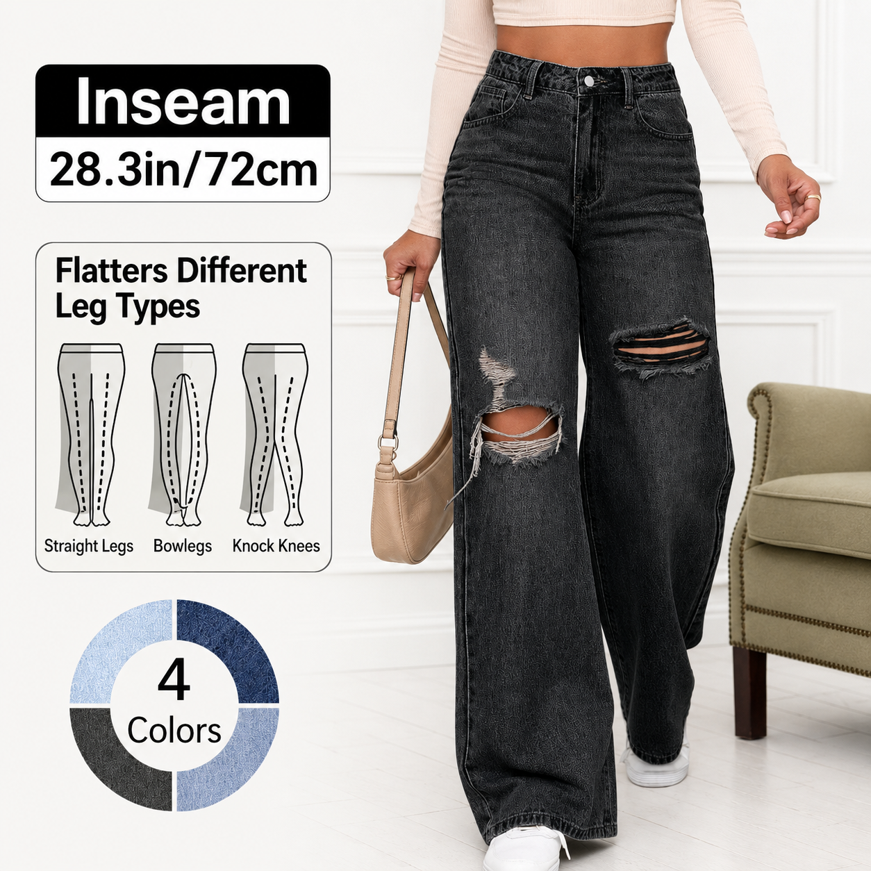 Women's High Rise Ripped Wide Leg Jeans 4-Pack & 8-Pack