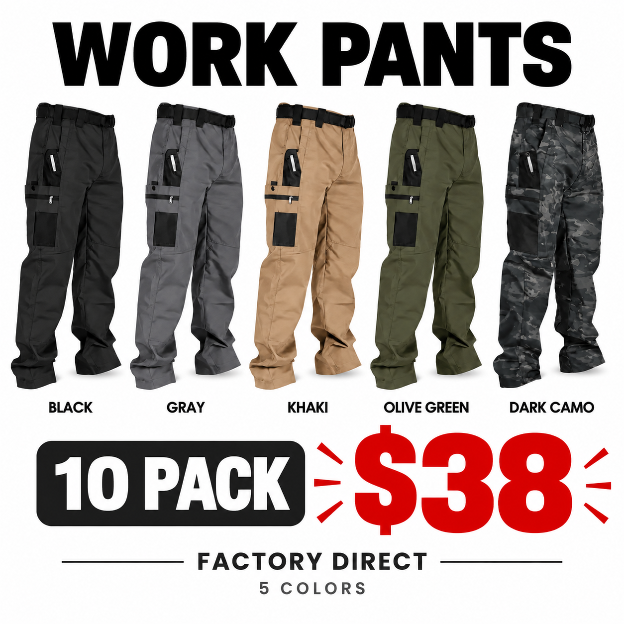 Men's Ripstop Tactical Work Pants — 5 & 10 Pack