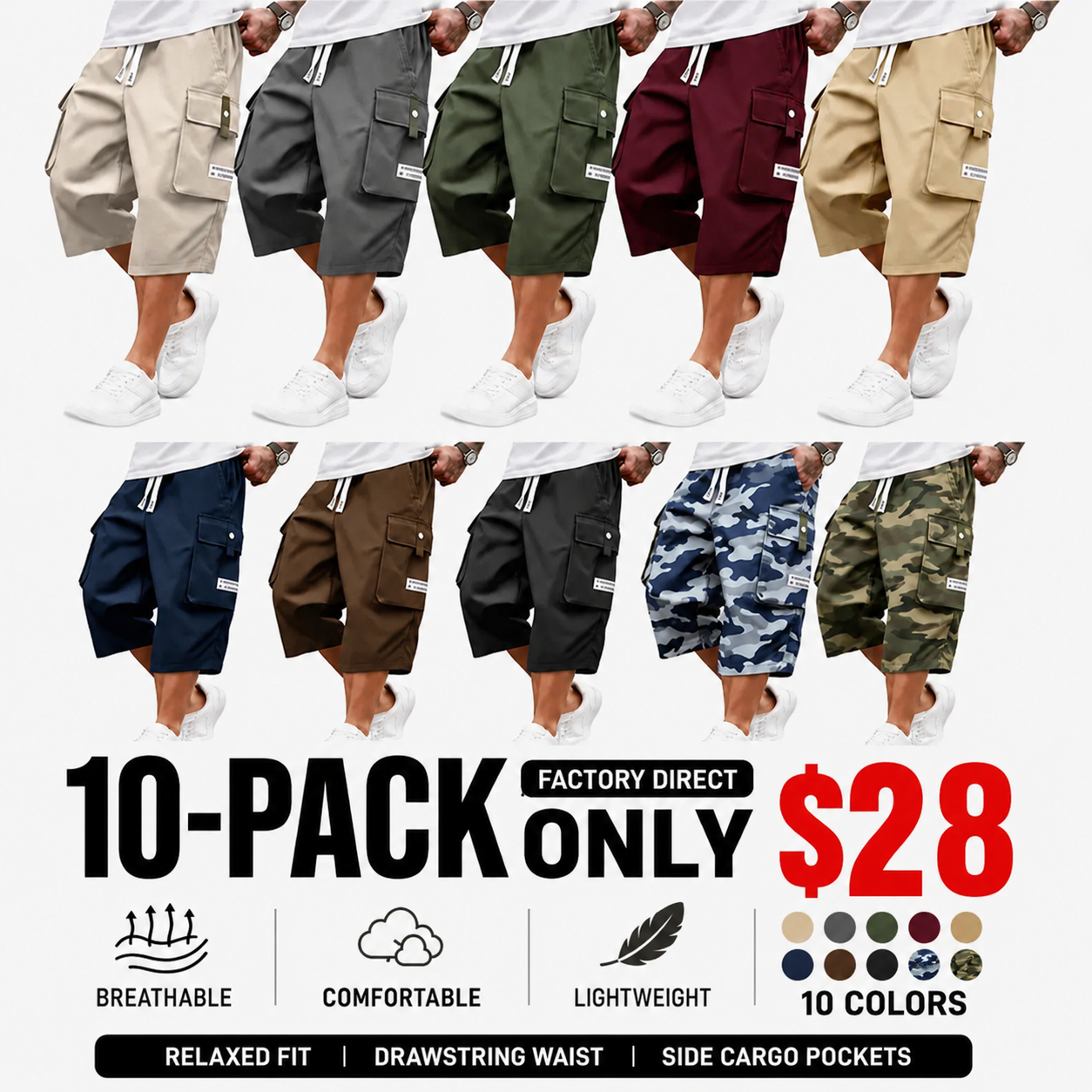 Men's Cargo Shorts 5-Pack & 10-Pack Bundle