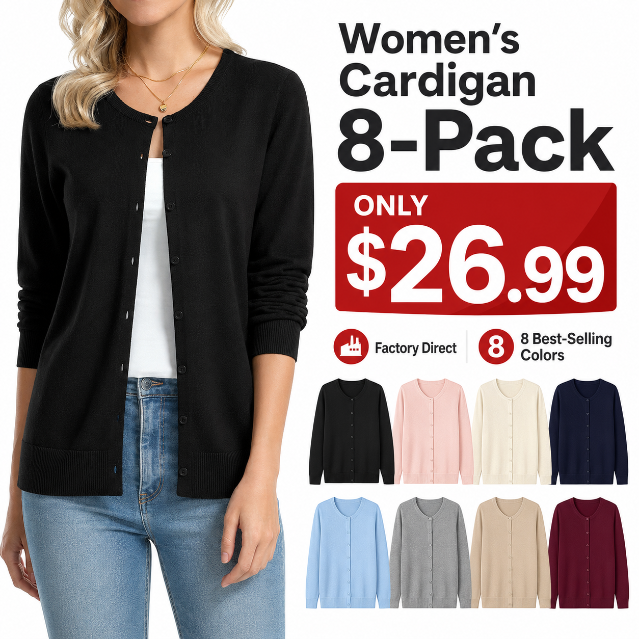 Women's 100% Cotton Cardigan 8-Pack