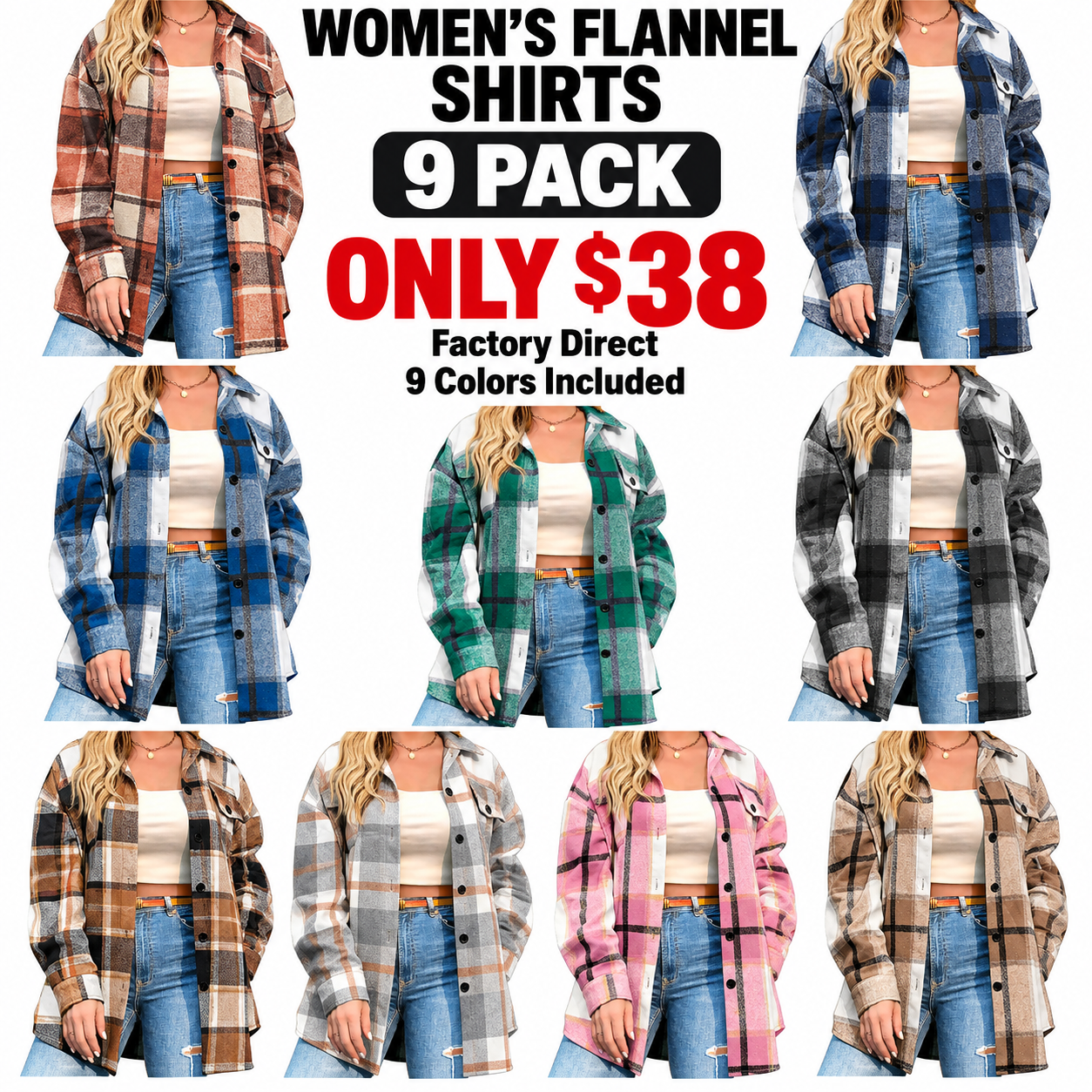 Women's Plus Size Plaid Flannel Shirt Packs – 5 or 9 Pack