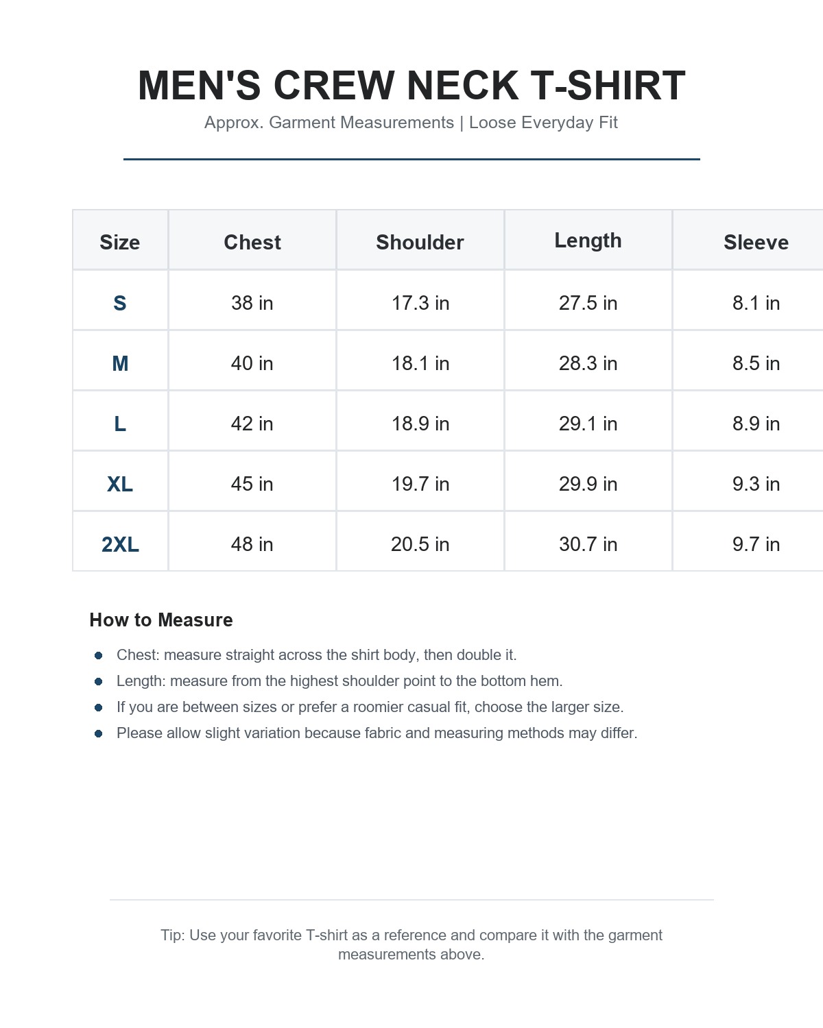 Men's crew neck T-shirt size chart